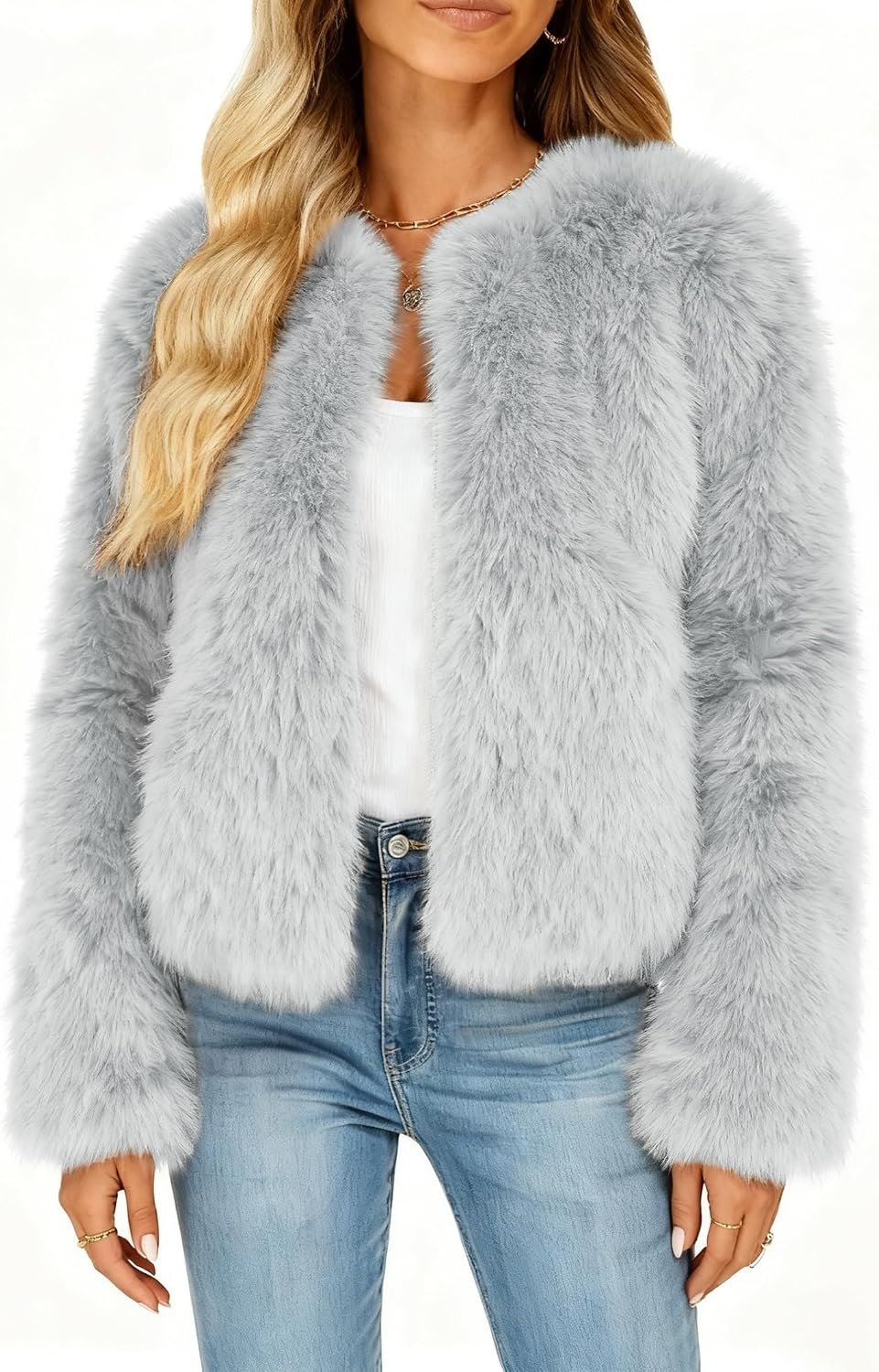 image:imageFunlingo Womens Faux Fur Coat Winter Warm Cropped Jacket Trendy Long Sleeve Crew Neck Zip Up OuterwearGrey