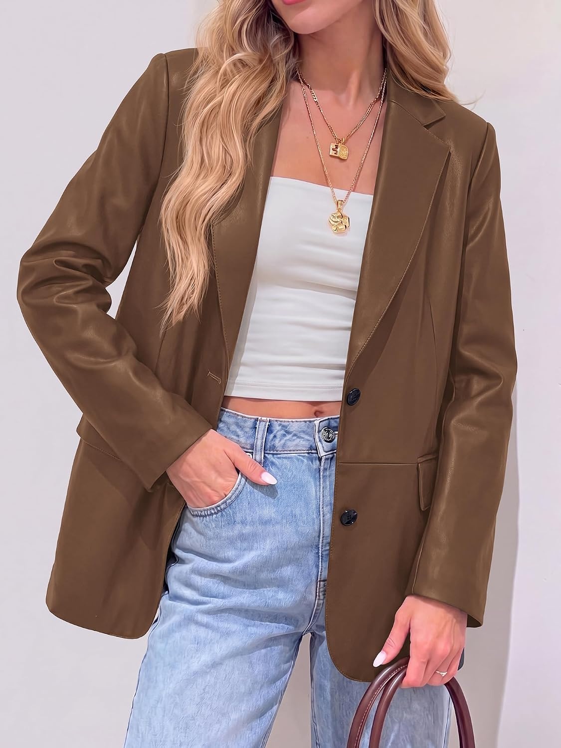 image:imageKIRUNDO Womens Loose Soft Faux Leather Blazer Jacket with Flap PocketsBrown