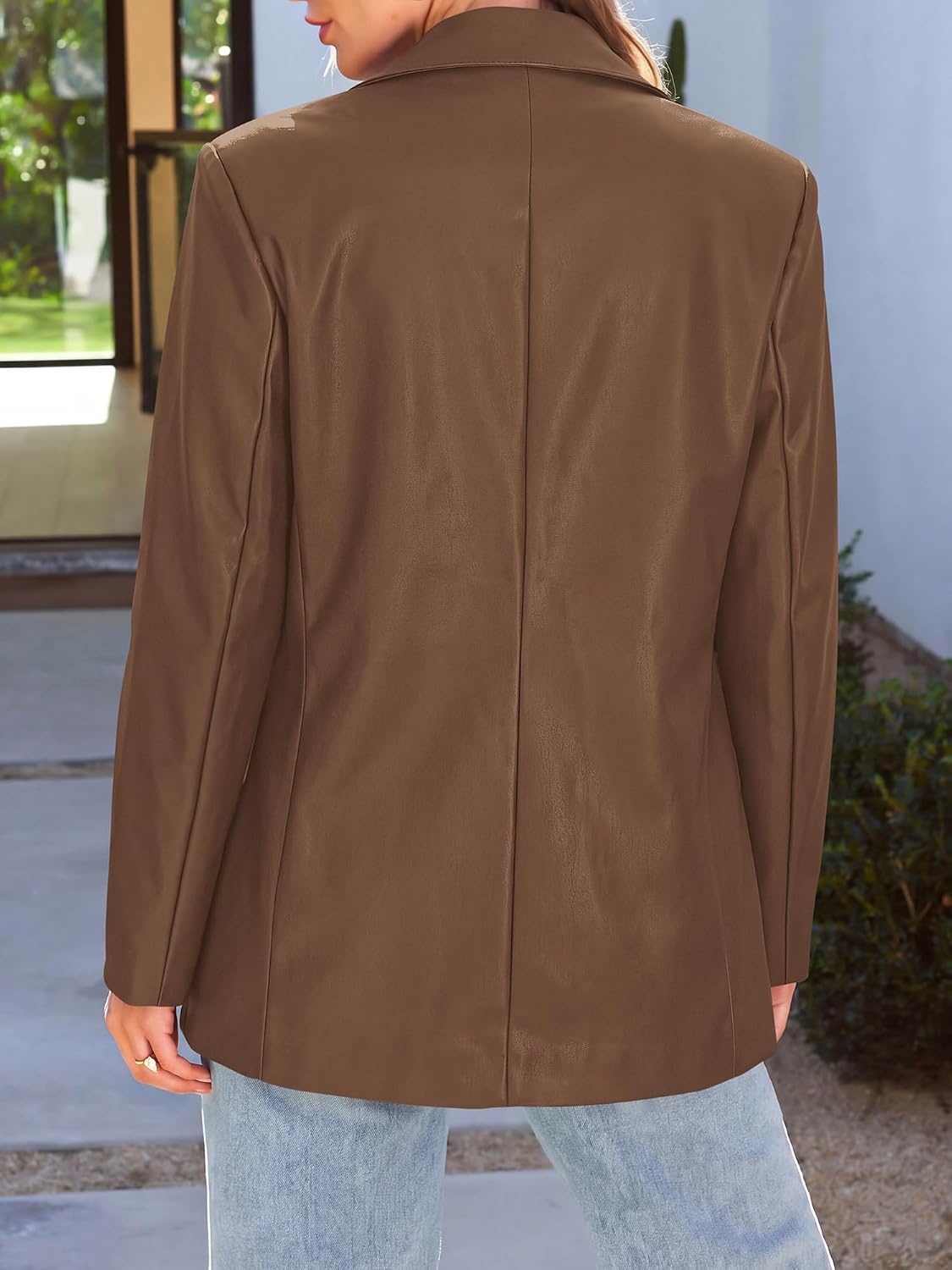 image:imageKIRUNDO Womens Loose Soft Faux Leather Blazer Jacket with Flap PocketsBrown