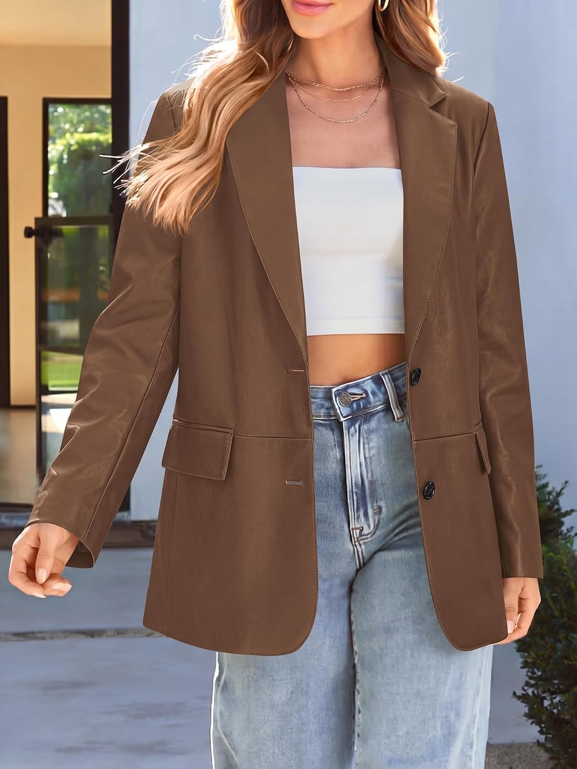 image:imageKIRUNDO Womens Loose Soft Faux Leather Blazer Jacket with Flap PocketsBrown