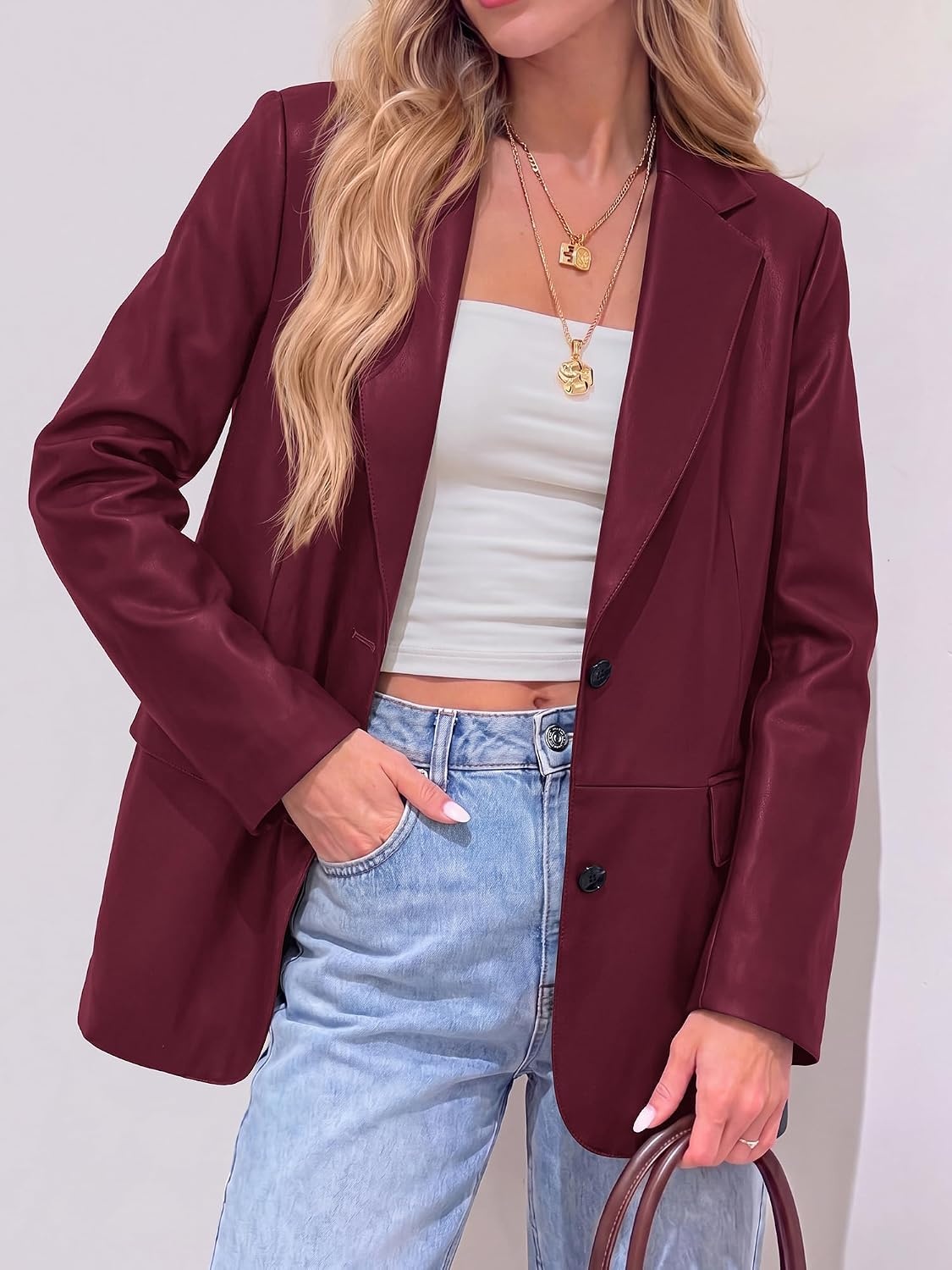 image:imageKIRUNDO Womens Loose Soft Faux Leather Blazer Jacket with Flap PocketsBurgundy