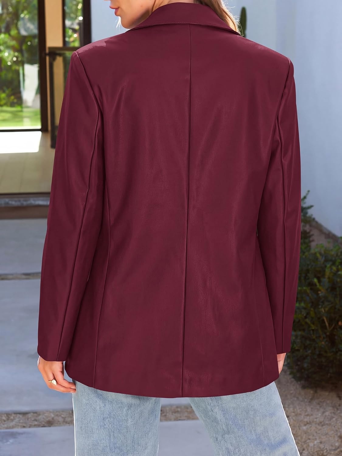 image:imageKIRUNDO Womens Loose Soft Faux Leather Blazer Jacket with Flap PocketsBurgundy