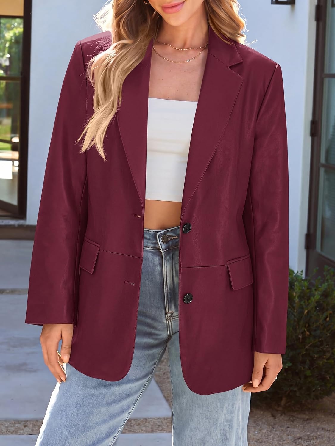 image:imageKIRUNDO Womens Loose Soft Faux Leather Blazer Jacket with Flap PocketsBurgundy