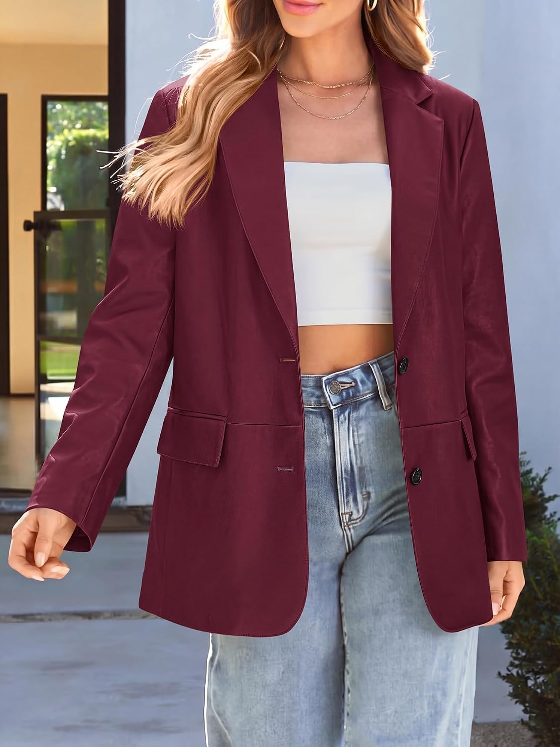 image:imageKIRUNDO Womens Loose Soft Faux Leather Blazer Jacket with Flap PocketsBurgundy