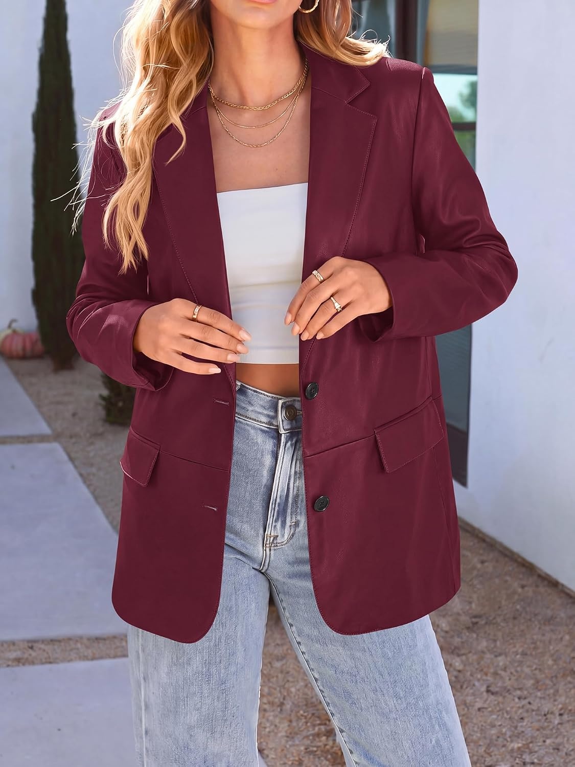image:imageKIRUNDO Womens Loose Soft Faux Leather Blazer Jacket with Flap PocketsBurgundy