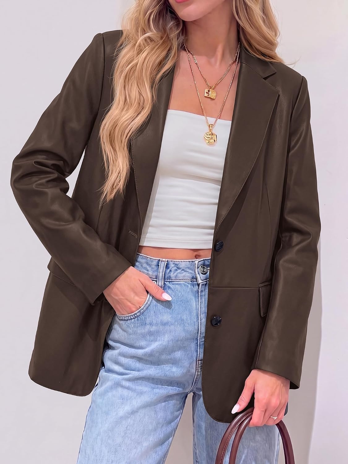 image:imageKIRUNDO Womens Loose Soft Faux Leather Blazer Jacket with Flap PocketsDark Coffee