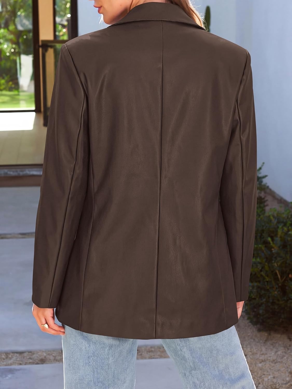 image:imageKIRUNDO Womens Loose Soft Faux Leather Blazer Jacket with Flap PocketsDark Coffee