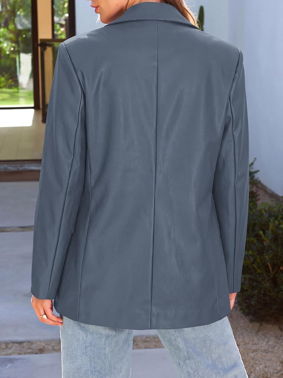 image:imageKIRUNDO Womens Loose Soft Faux Leather Blazer Jacket with Flap PocketsDusty Blue