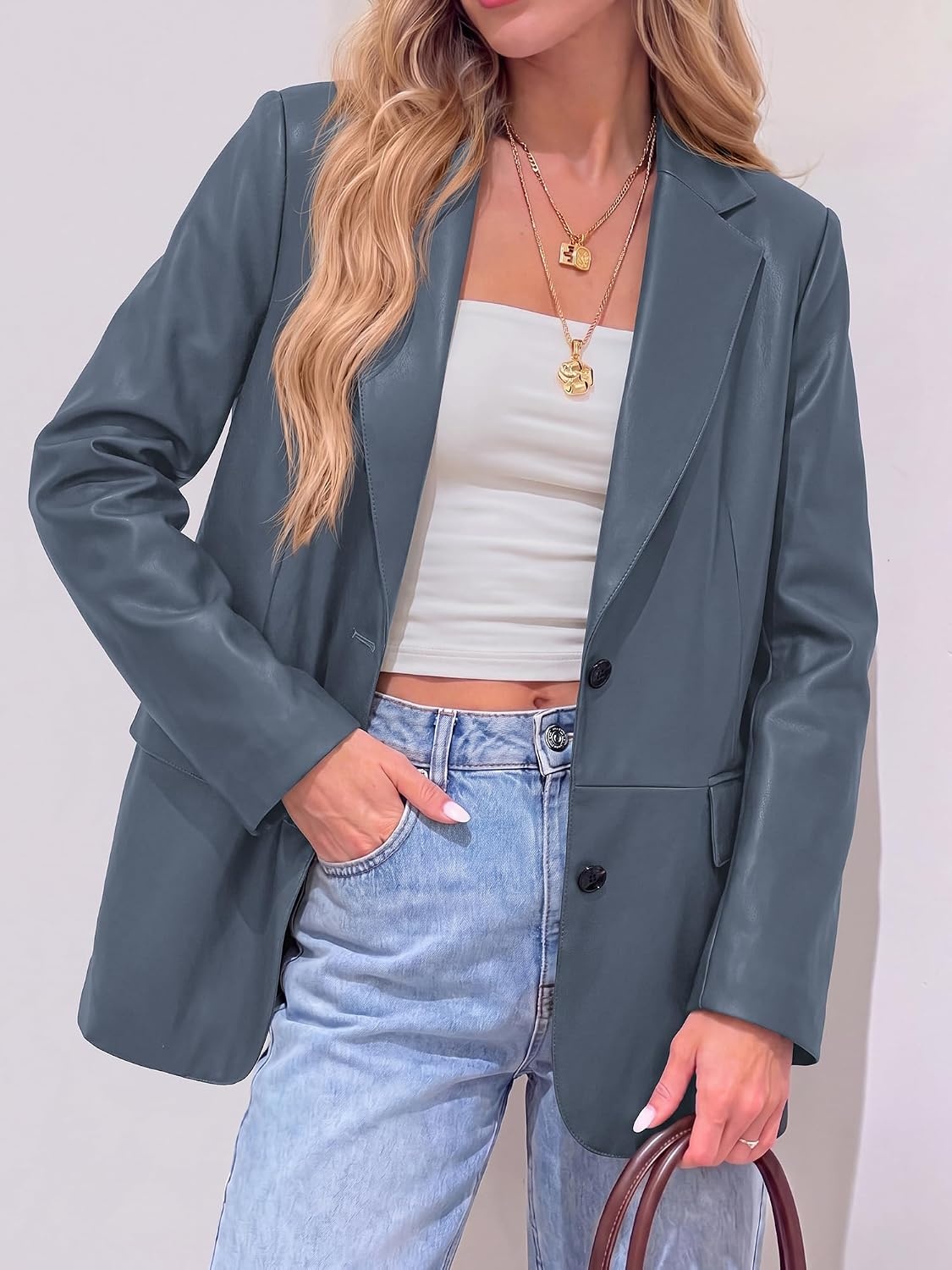 image:imageKIRUNDO Womens Loose Soft Faux Leather Blazer Jacket with Flap PocketsDusty Blue