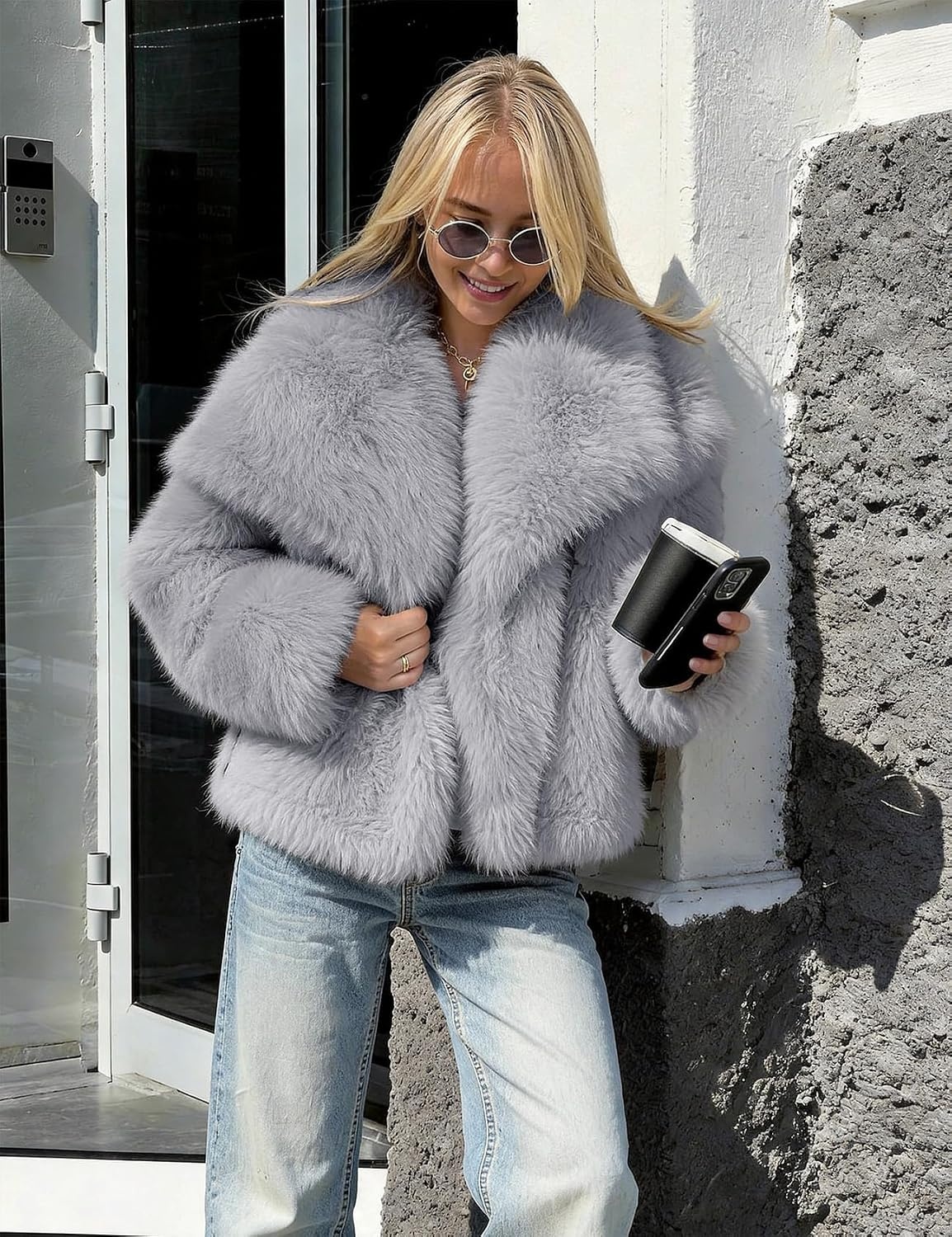 image:imageKissonic Women Faux Fur Coat Lapel Collar Shaggy Warm Short Fluffy JacketAshgrey