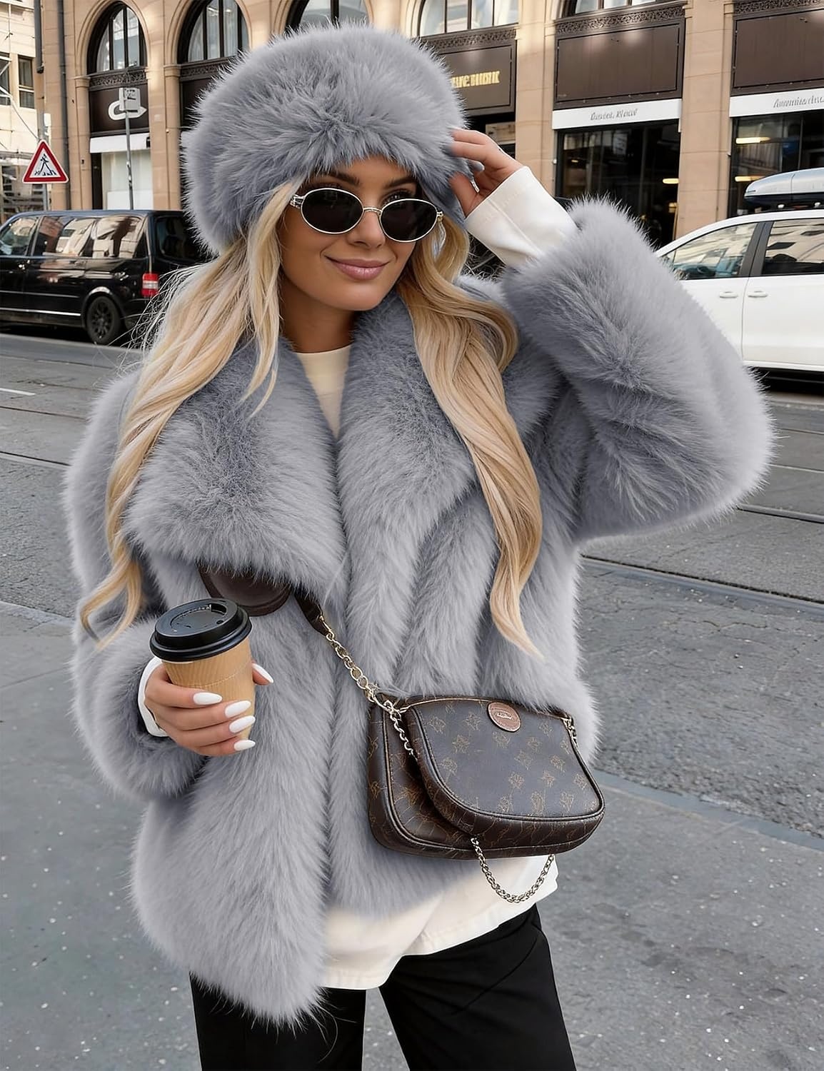 image:imageKissonic Women Faux Fur Coat Lapel Collar Shaggy Warm Short Fluffy JacketAshgrey