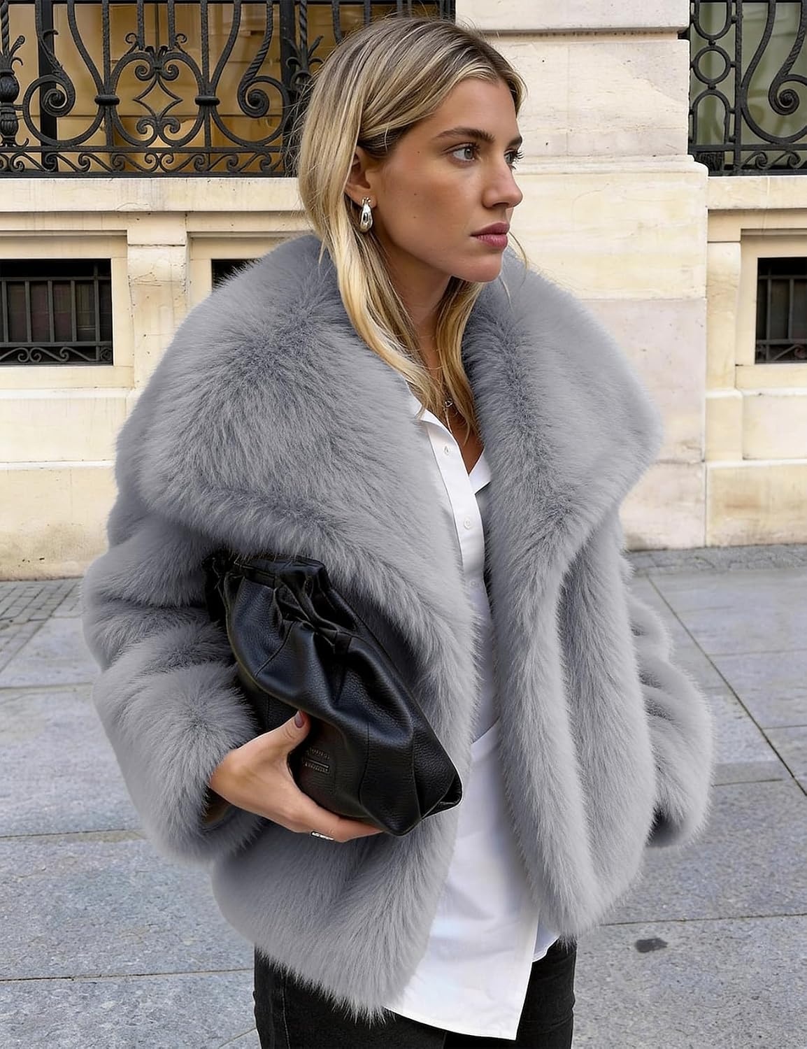 image:imageKissonic Women Faux Fur Coat Lapel Collar Shaggy Warm Short Fluffy JacketAshgrey
