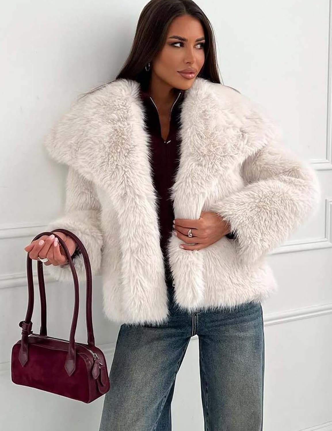 image:imageKissonic Women Faux Fur Coat Lapel Collar Shaggy Warm Short Fluffy JacketBeige