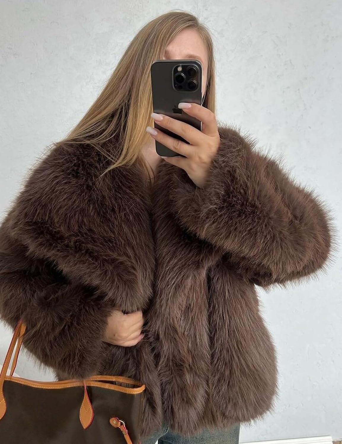 image:imageKissonic Women Faux Fur Coat Lapel Collar Shaggy Warm Short Fluffy JacketBrown