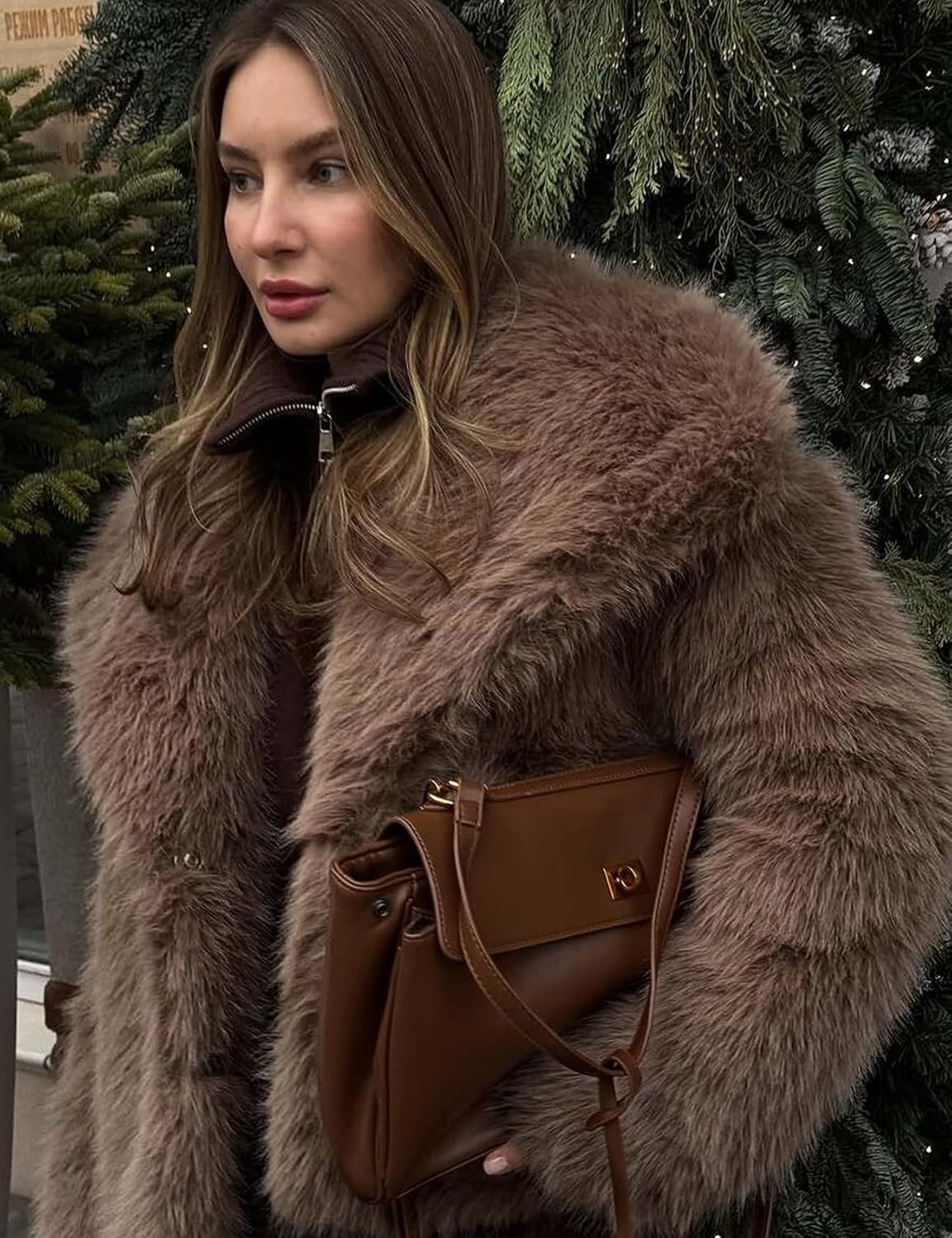 image:imageKissonic Women Faux Fur Coat Lapel Collar Shaggy Warm Short Fluffy JacketBrown