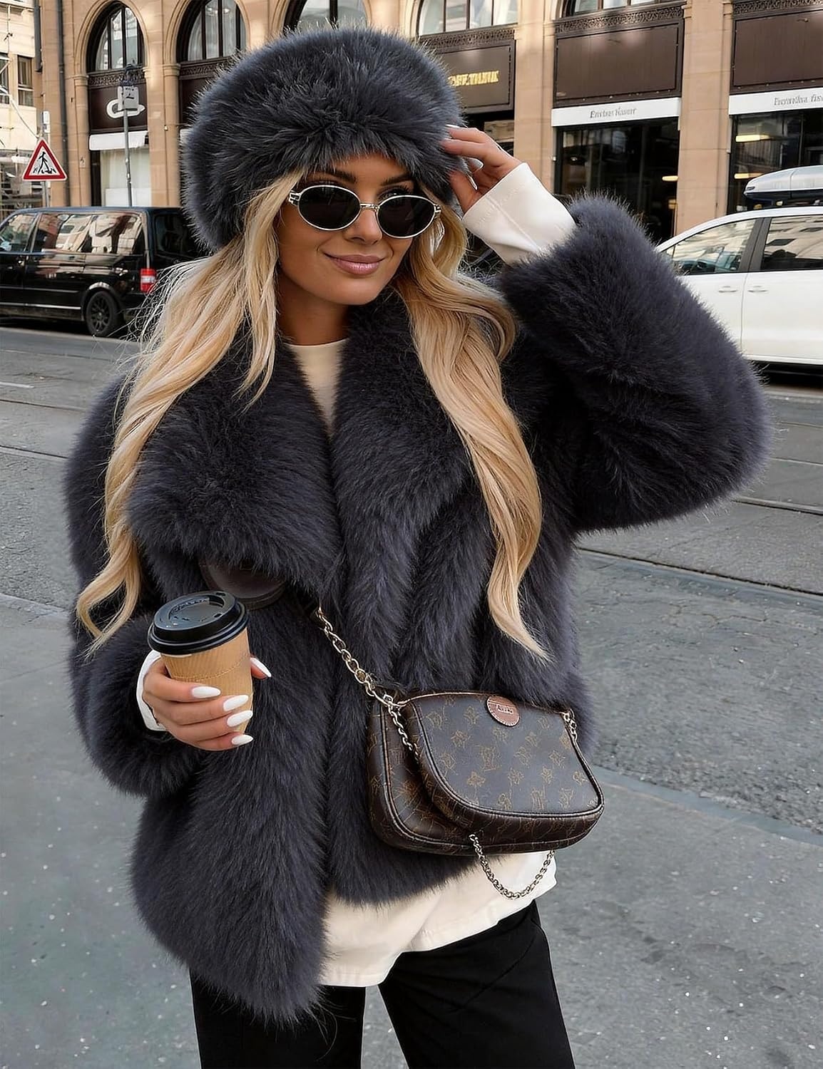 image:imageKissonic Women Faux Fur Coat Lapel Collar Shaggy Warm Short Fluffy JacketGrey