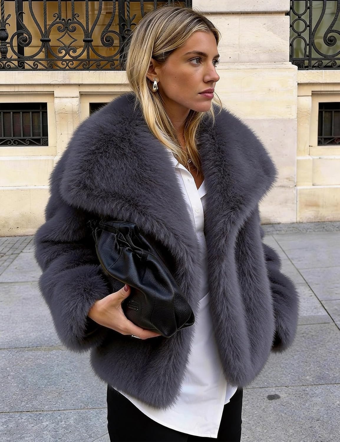 image:imageKissonic Women Faux Fur Coat Lapel Collar Shaggy Warm Short Fluffy JacketGrey