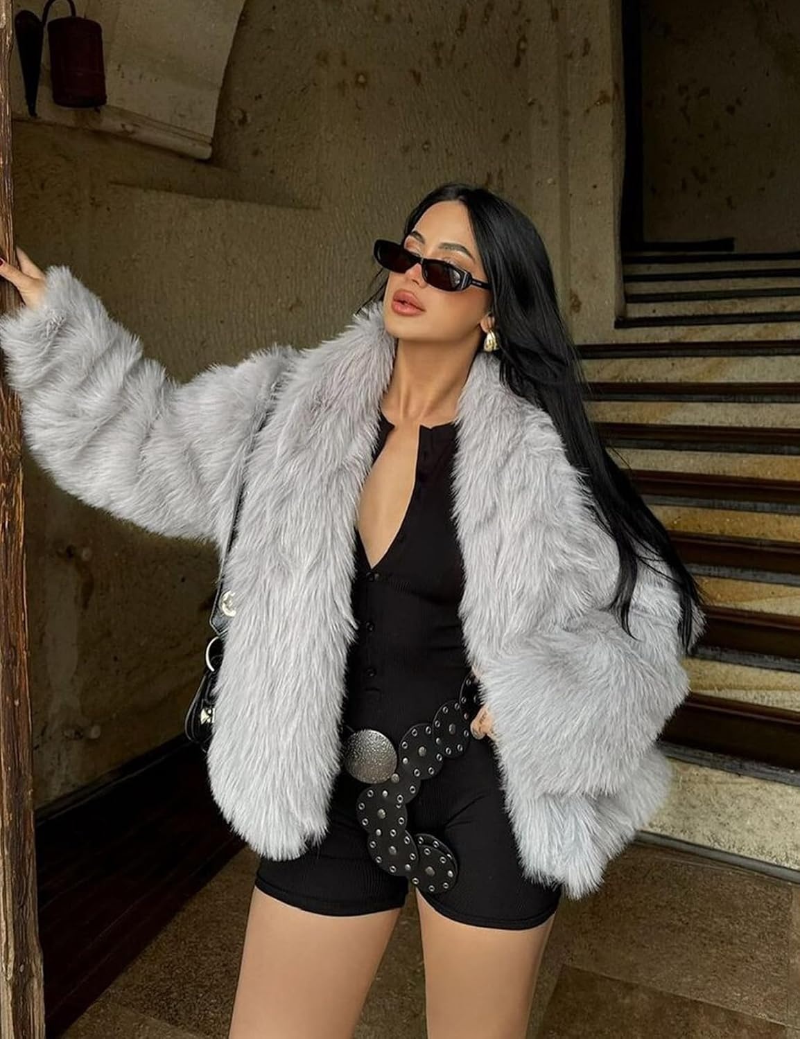 image:imageKissonic Women Faux Fur Coat Lapel Collar Shaggy Warm Short Fluffy JacketLightgrey