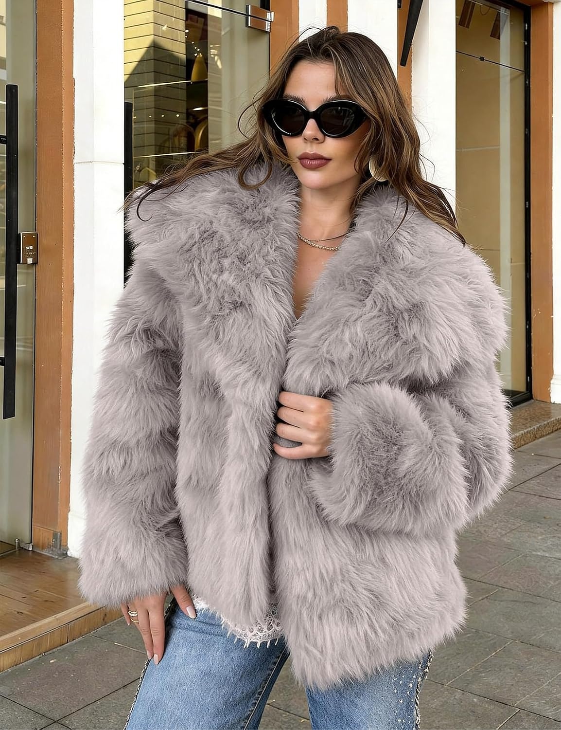image:imageKissonic Women Faux Fur Coat Lapel Collar Shaggy Warm Short Fluffy JacketLightkhaki