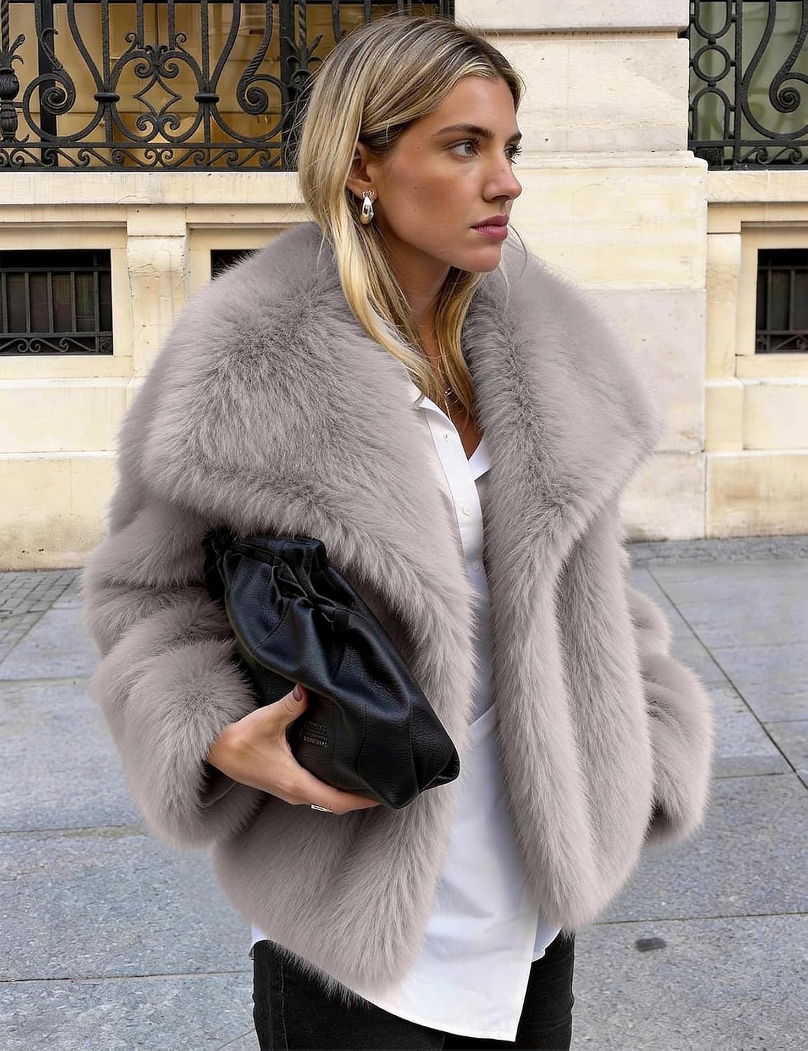image:imageKissonic Women Faux Fur Coat Lapel Collar Shaggy Warm Short Fluffy JacketLightkhaki