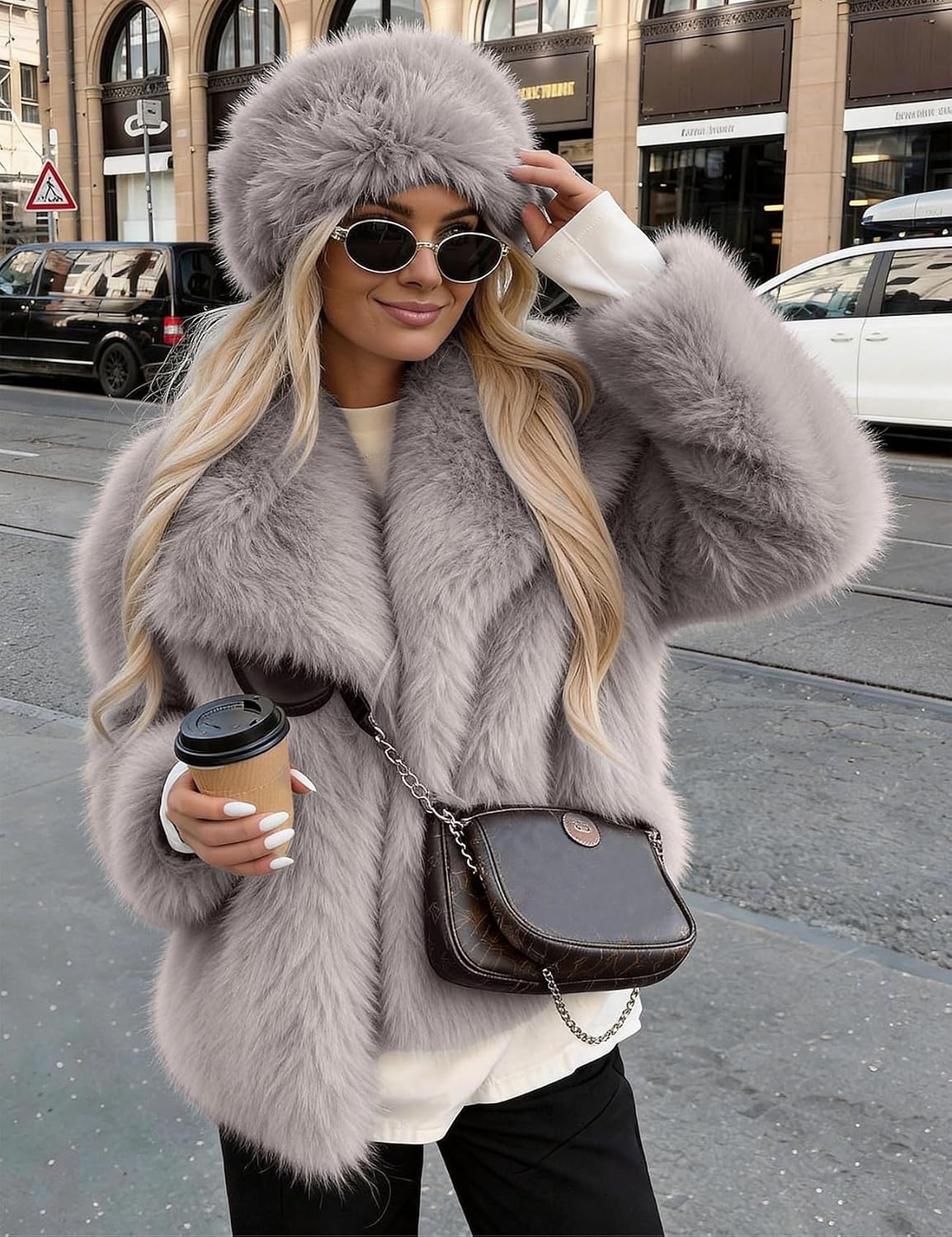 image:imageKissonic Women Faux Fur Coat Lapel Collar Shaggy Warm Short Fluffy JacketLightkhaki