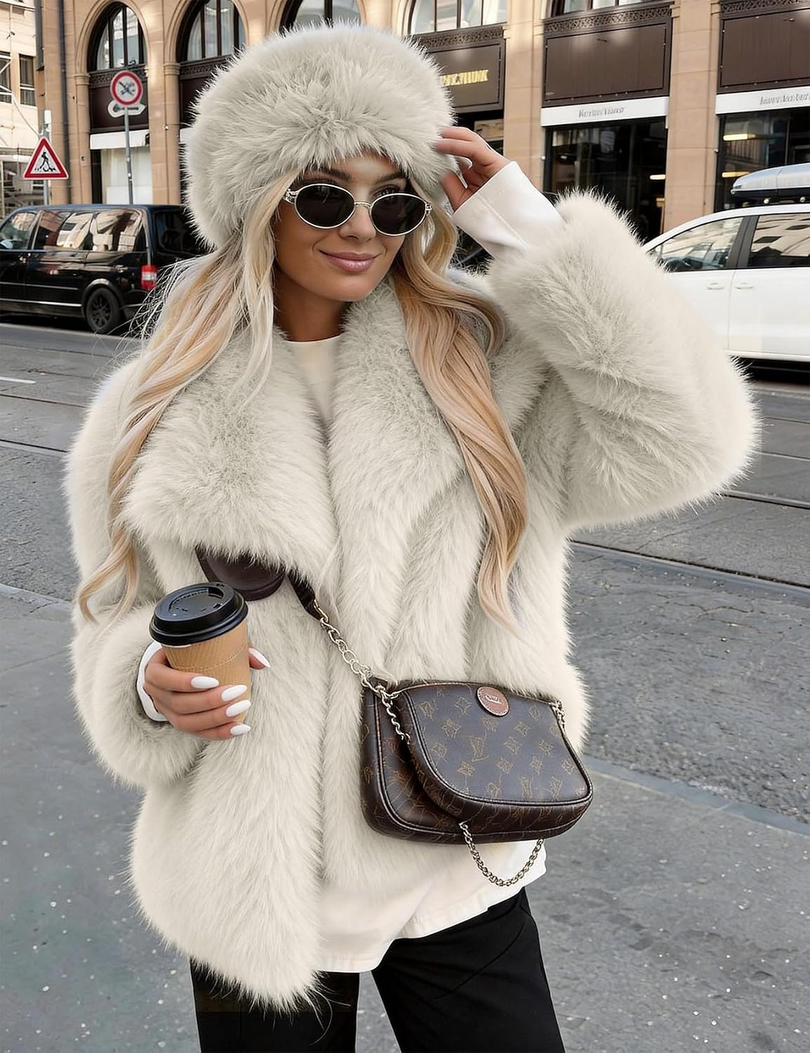 image:imageKissonic Women Faux Fur Coat Lapel Collar Shaggy Warm Short Fluffy JacketOffwhite