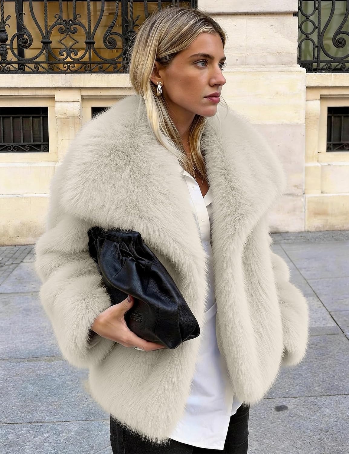 image:imageKissonic Women Faux Fur Coat Lapel Collar Shaggy Warm Short Fluffy JacketOffwhite