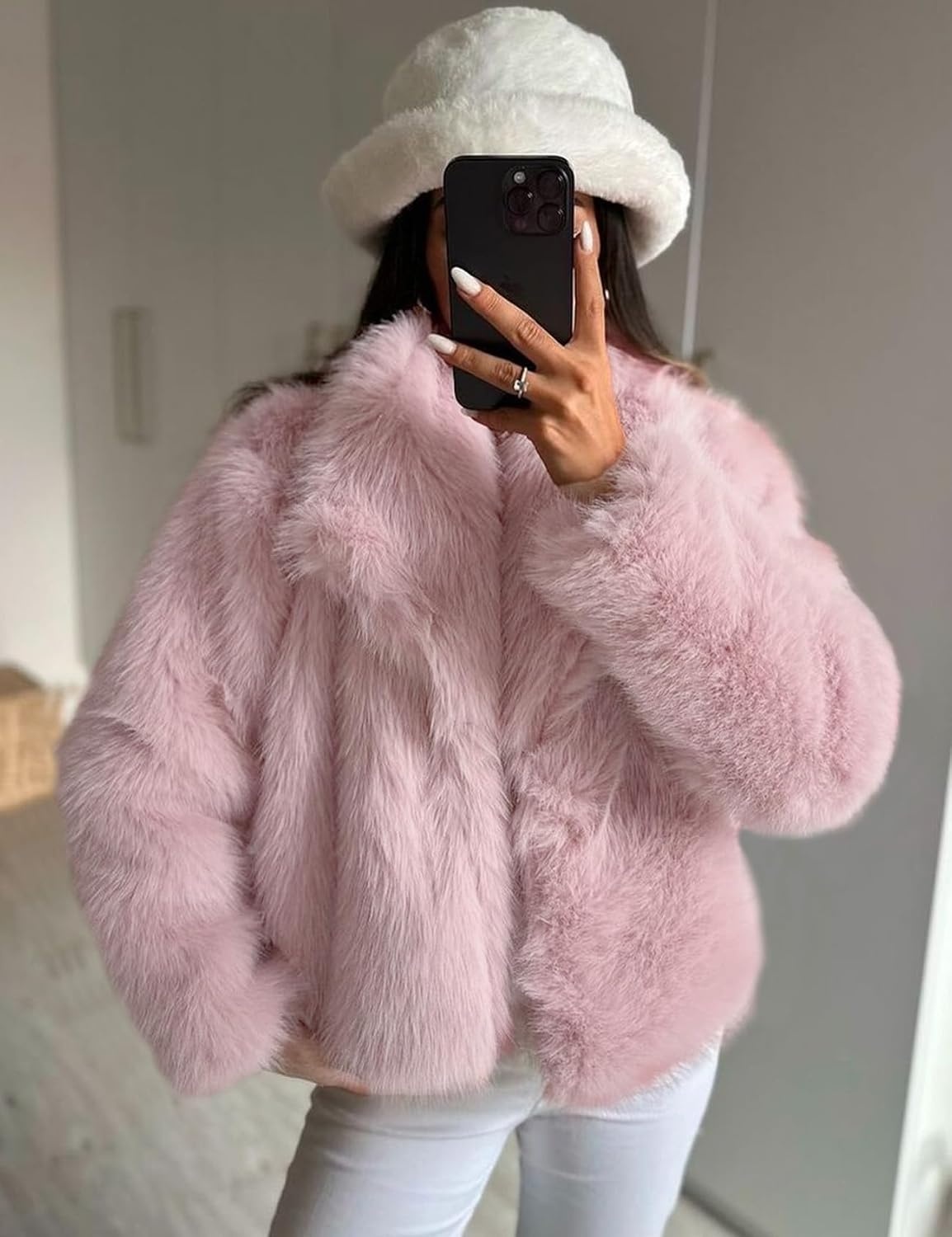 image:imageKissonic Women Faux Fur Coat Lapel Collar Shaggy Warm Short Fluffy JacketPink