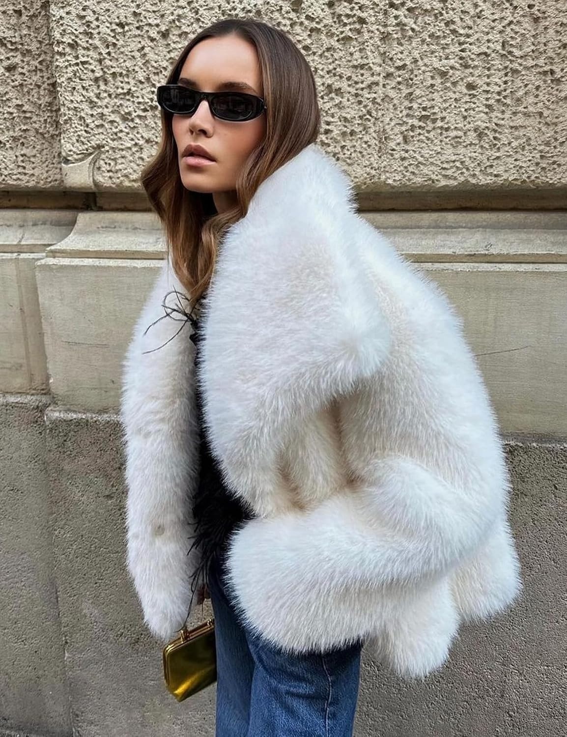 image:imageKissonic Women Faux Fur Coat Lapel Collar Shaggy Warm Short Fluffy JacketWhite