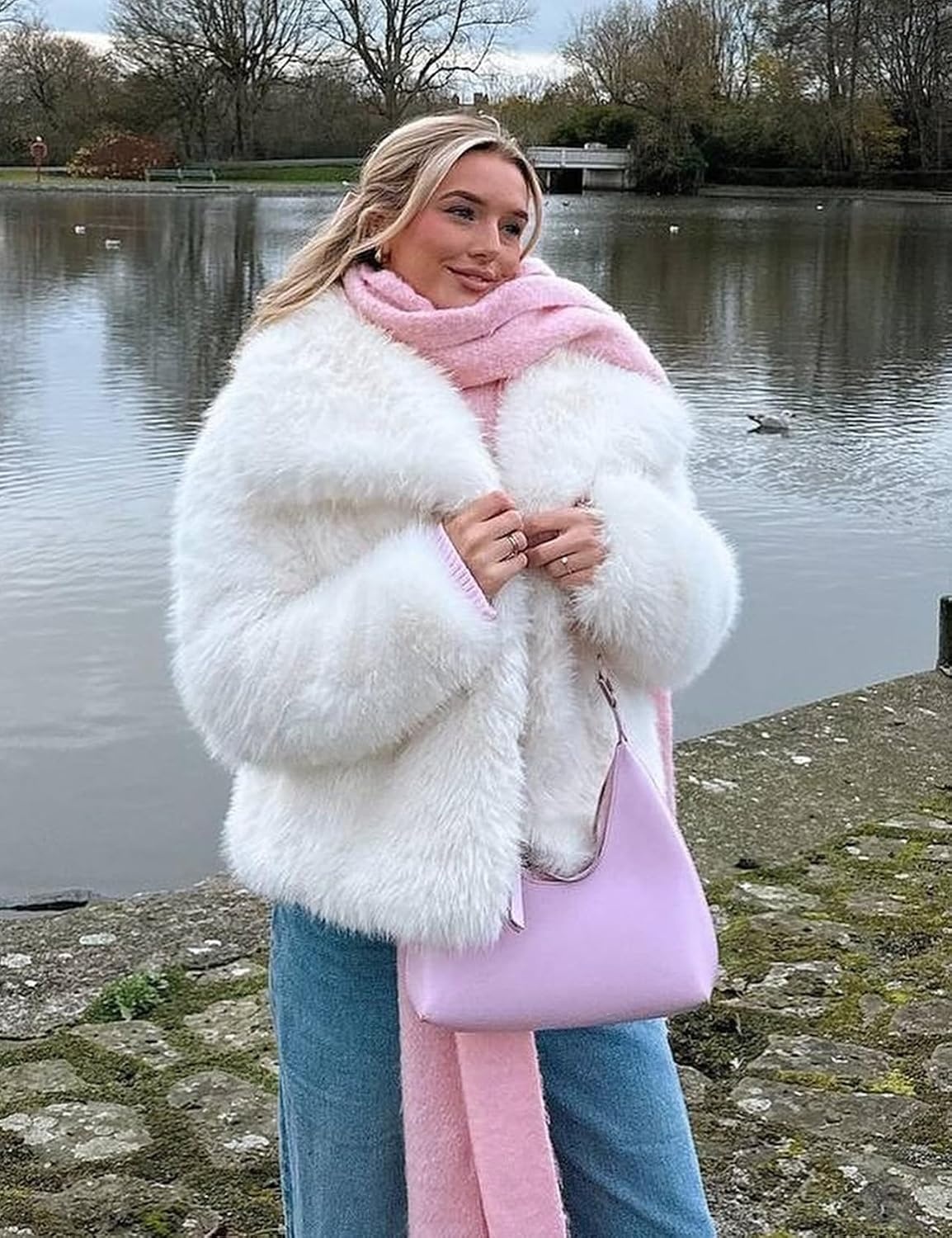 image:imageKissonic Women Faux Fur Coat Lapel Collar Shaggy Warm Short Fluffy JacketWhite