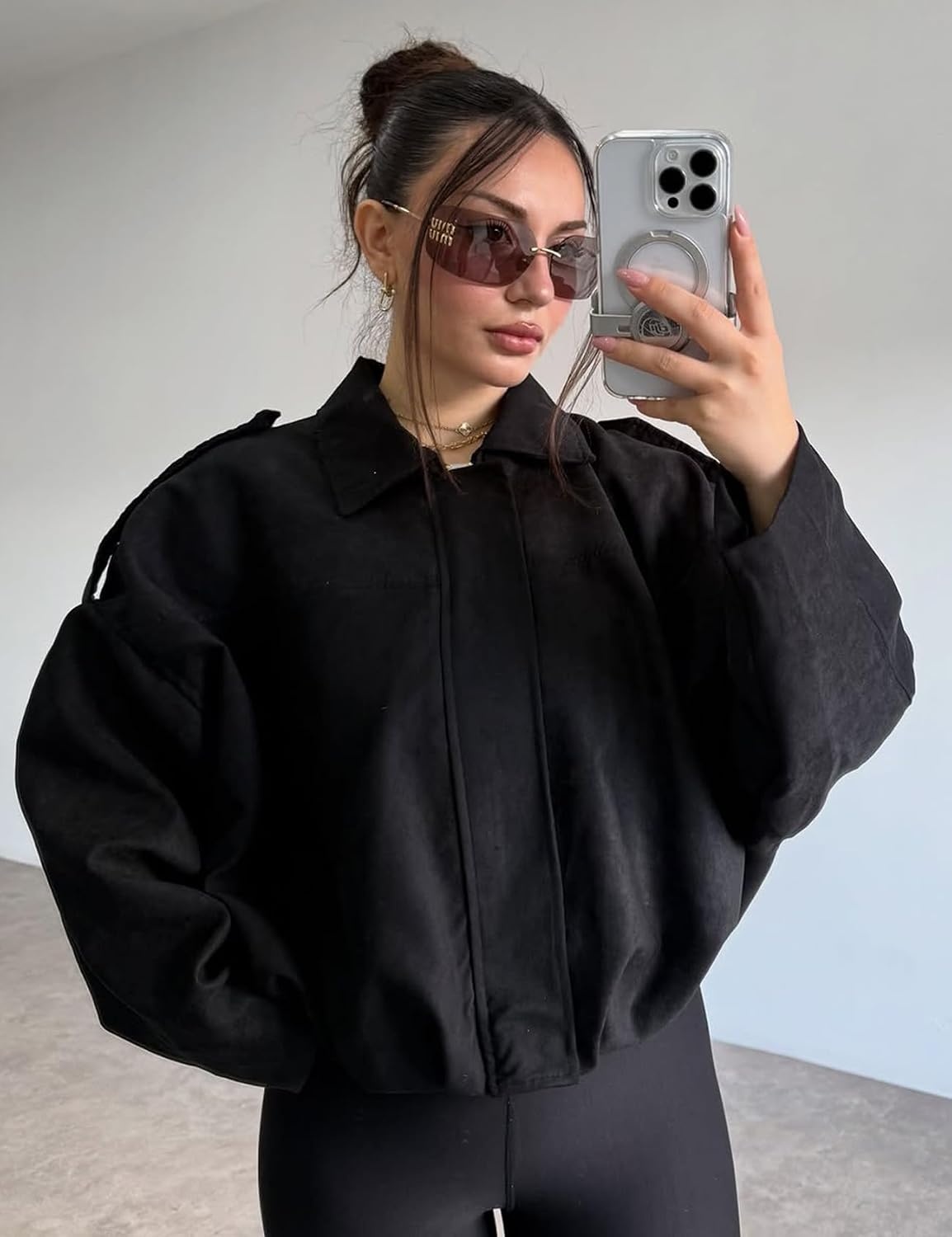 image:imageKissonic Womens Faux Suede Bomber Jacket Oversized Long Sleeve Cropped CoatBlack