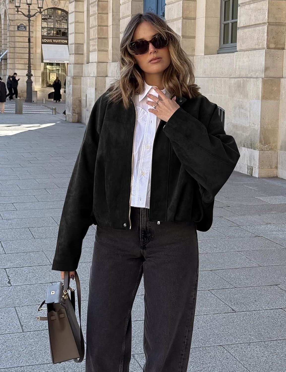 image:imageKissonic Womens Faux Suede Bomber Jacket Oversized Long Sleeve Cropped CoatBlack
