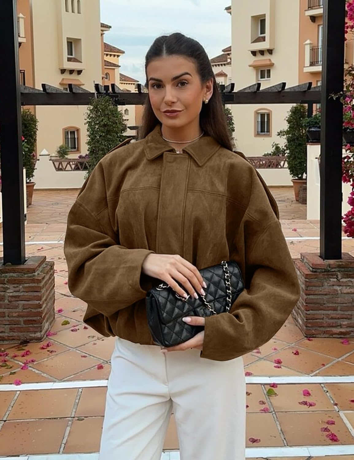 image:imageKissonic Womens Faux Suede Bomber Jacket Oversized Long Sleeve Cropped CoatBrown