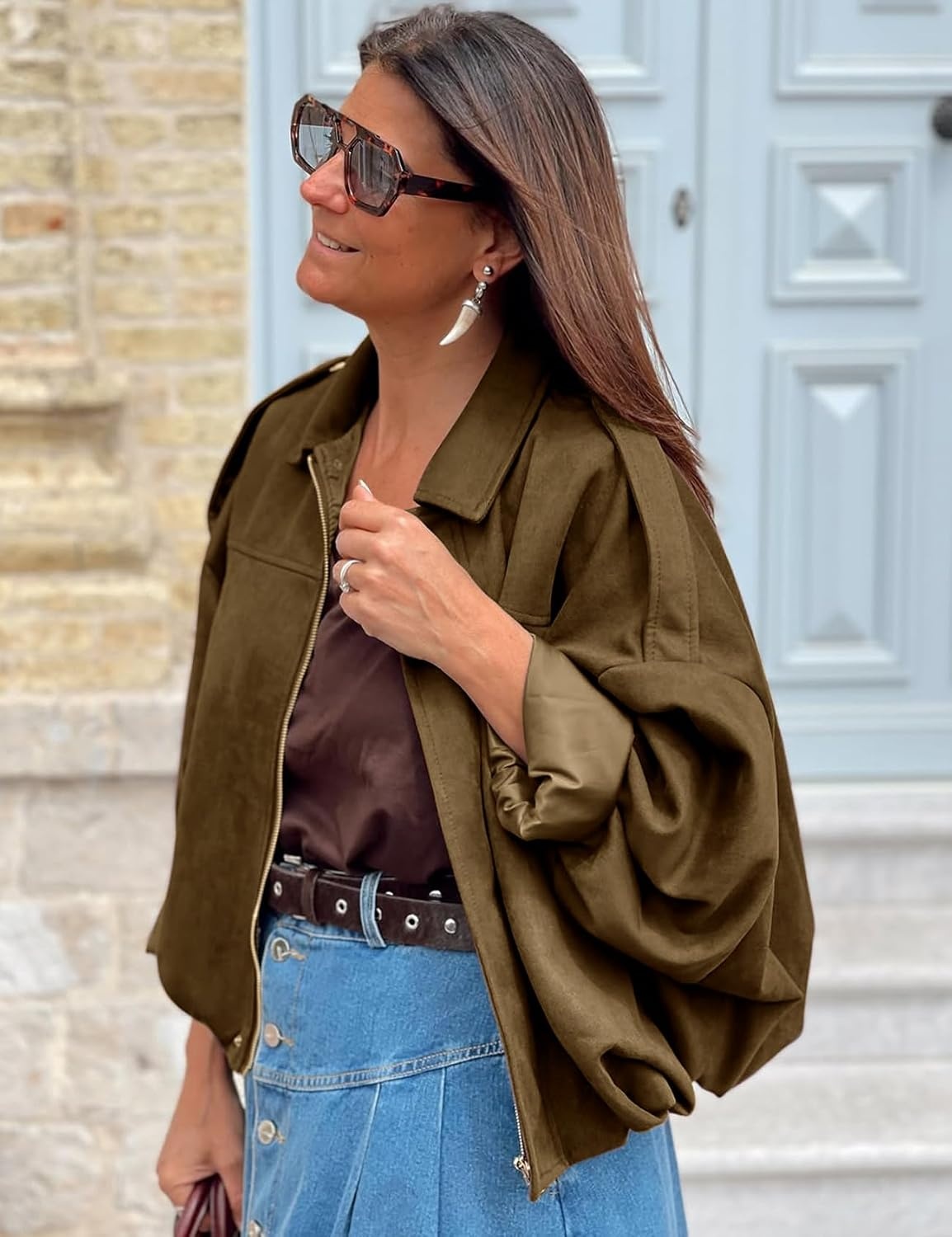 image:imageKissonic Womens Faux Suede Bomber Jacket Oversized Long Sleeve Cropped CoatBrown