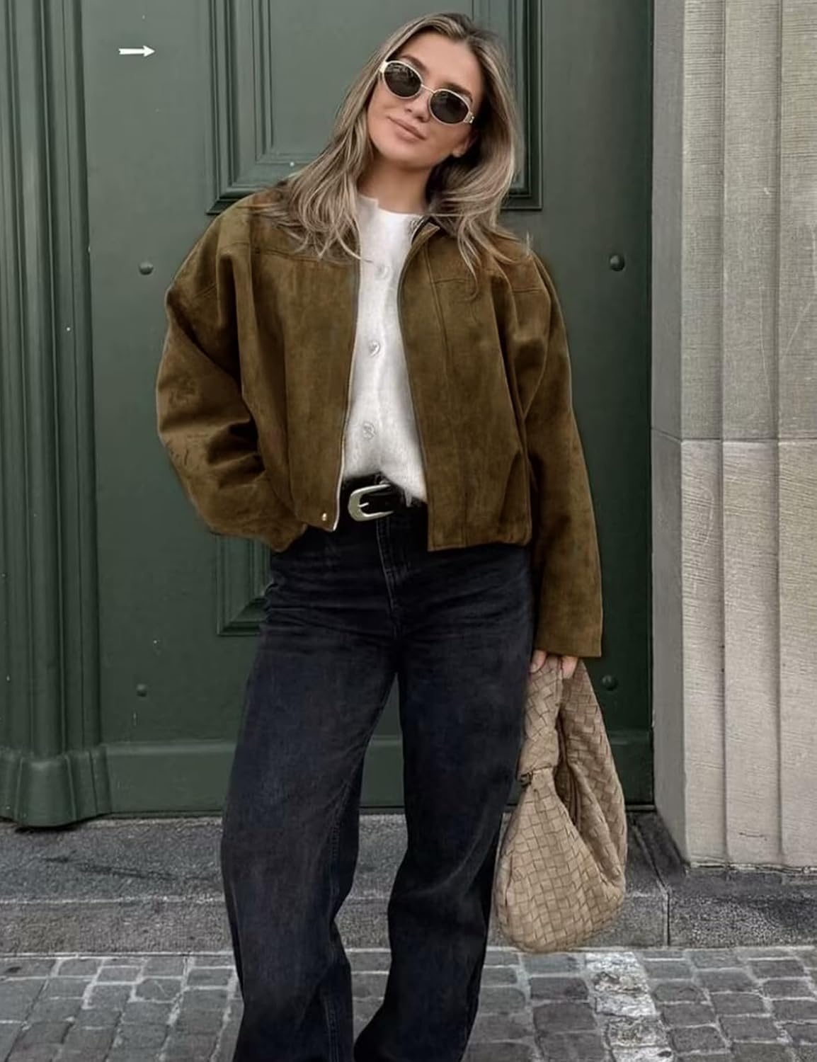 image:imageKissonic Womens Faux Suede Bomber Jacket Oversized Long Sleeve Cropped CoatBrown
