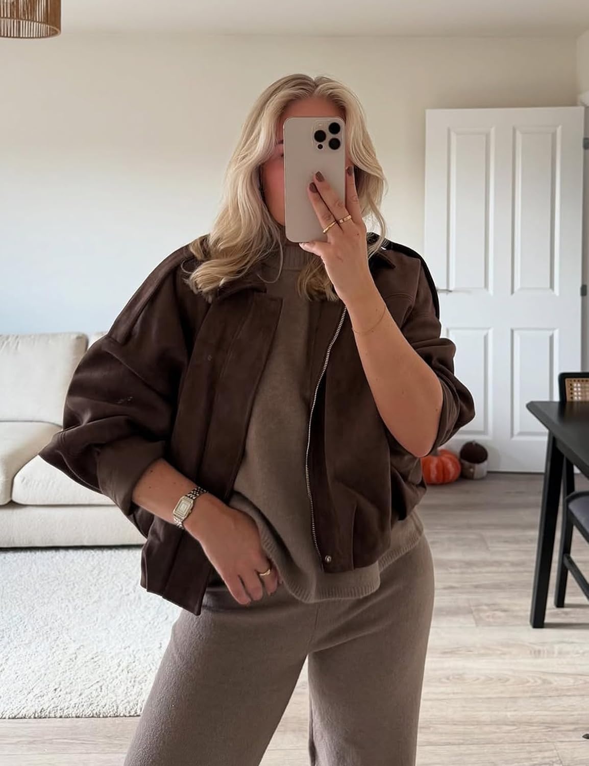 image:imageKissonic Womens Faux Suede Bomber Jacket Oversized Long Sleeve Cropped CoatCoffee