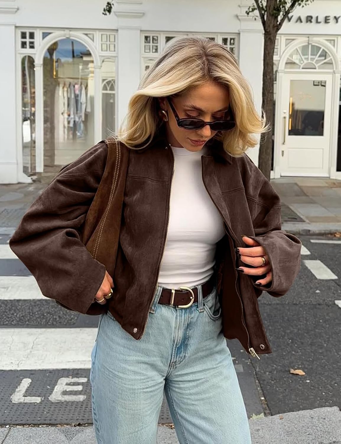 image:imageKissonic Womens Faux Suede Bomber Jacket Oversized Long Sleeve Cropped CoatCoffee