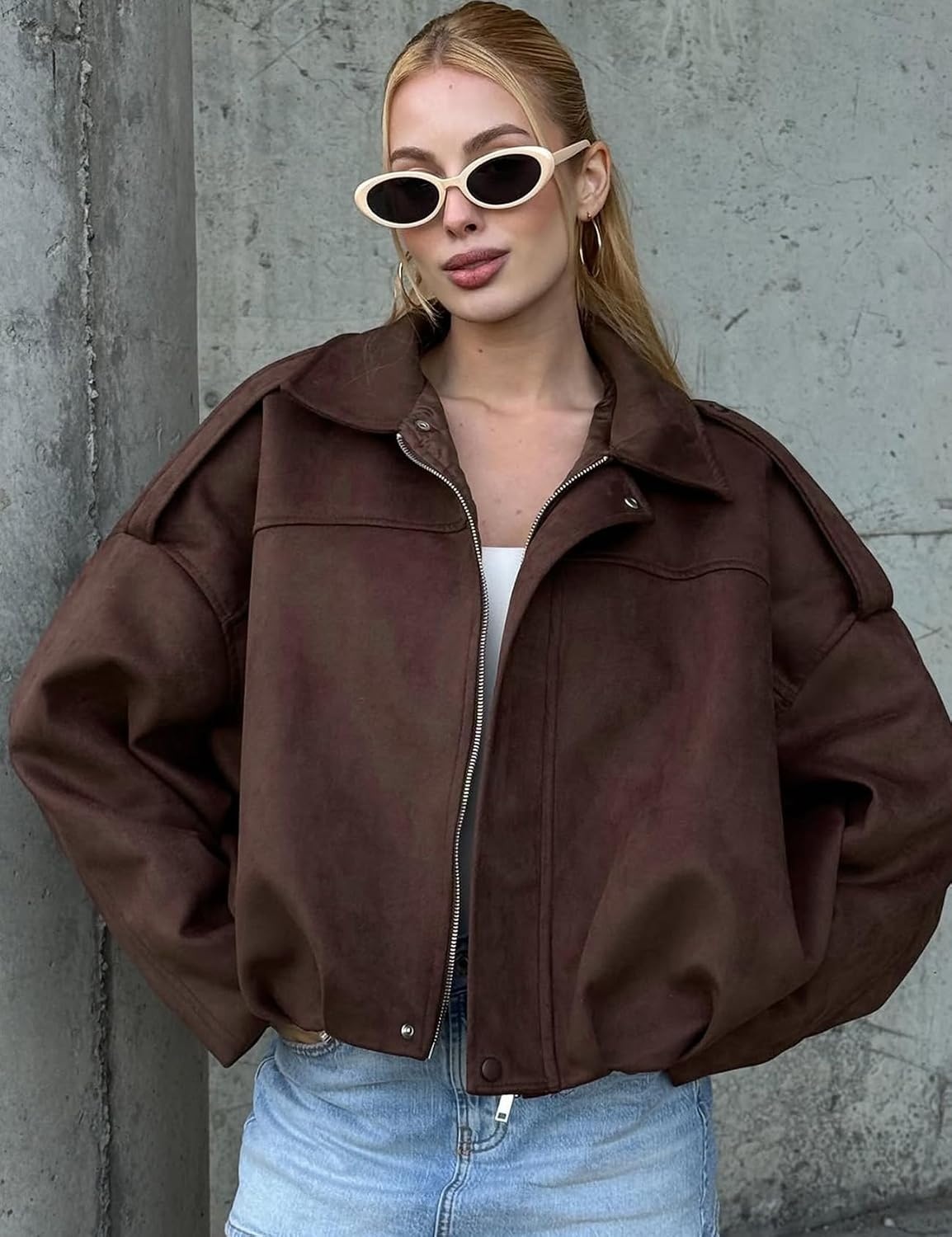 image:imageKissonic Womens Faux Suede Bomber Jacket Oversized Long Sleeve Cropped CoatCoffee