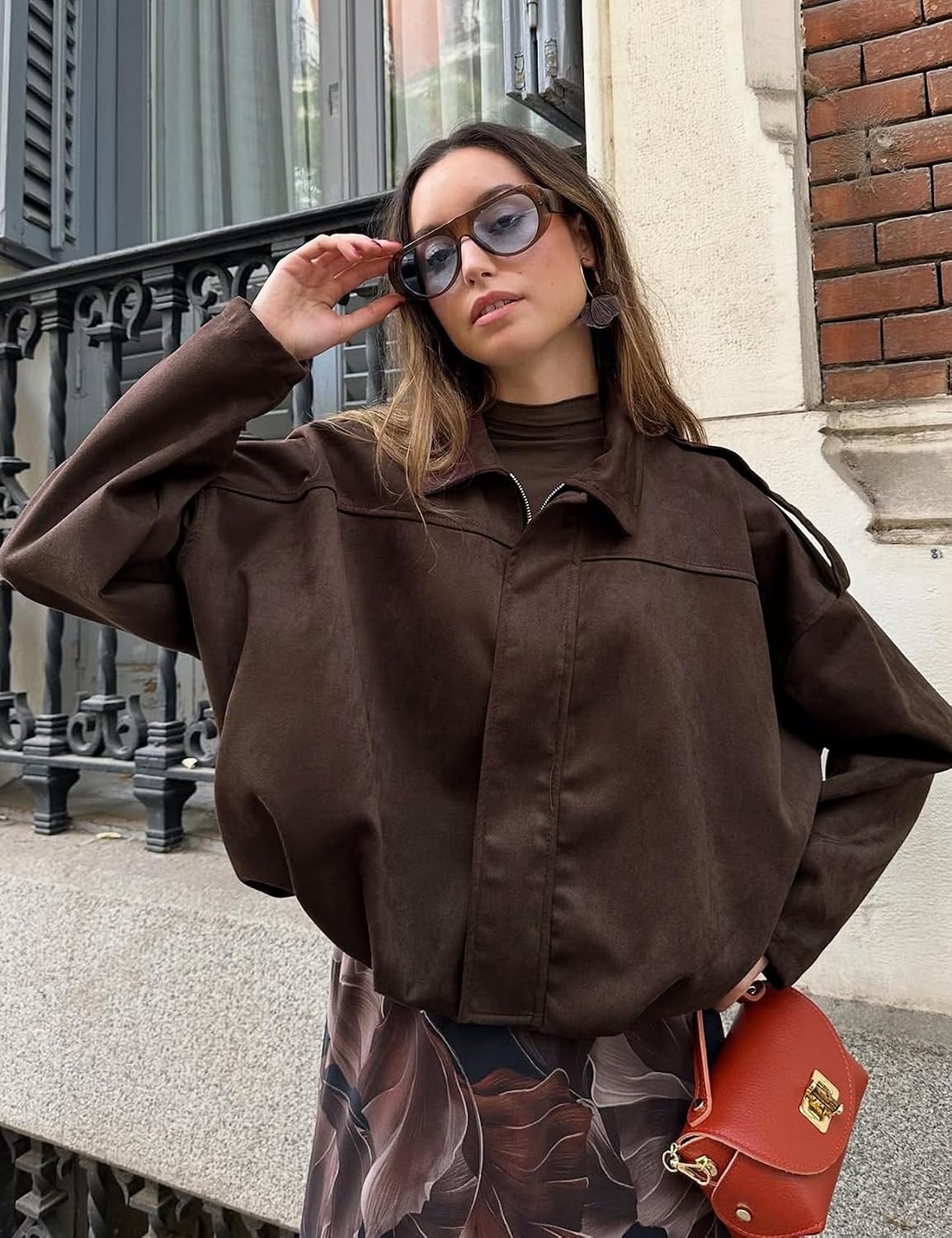 image:imageKissonic Womens Faux Suede Bomber Jacket Oversized Long Sleeve Cropped CoatCoffee