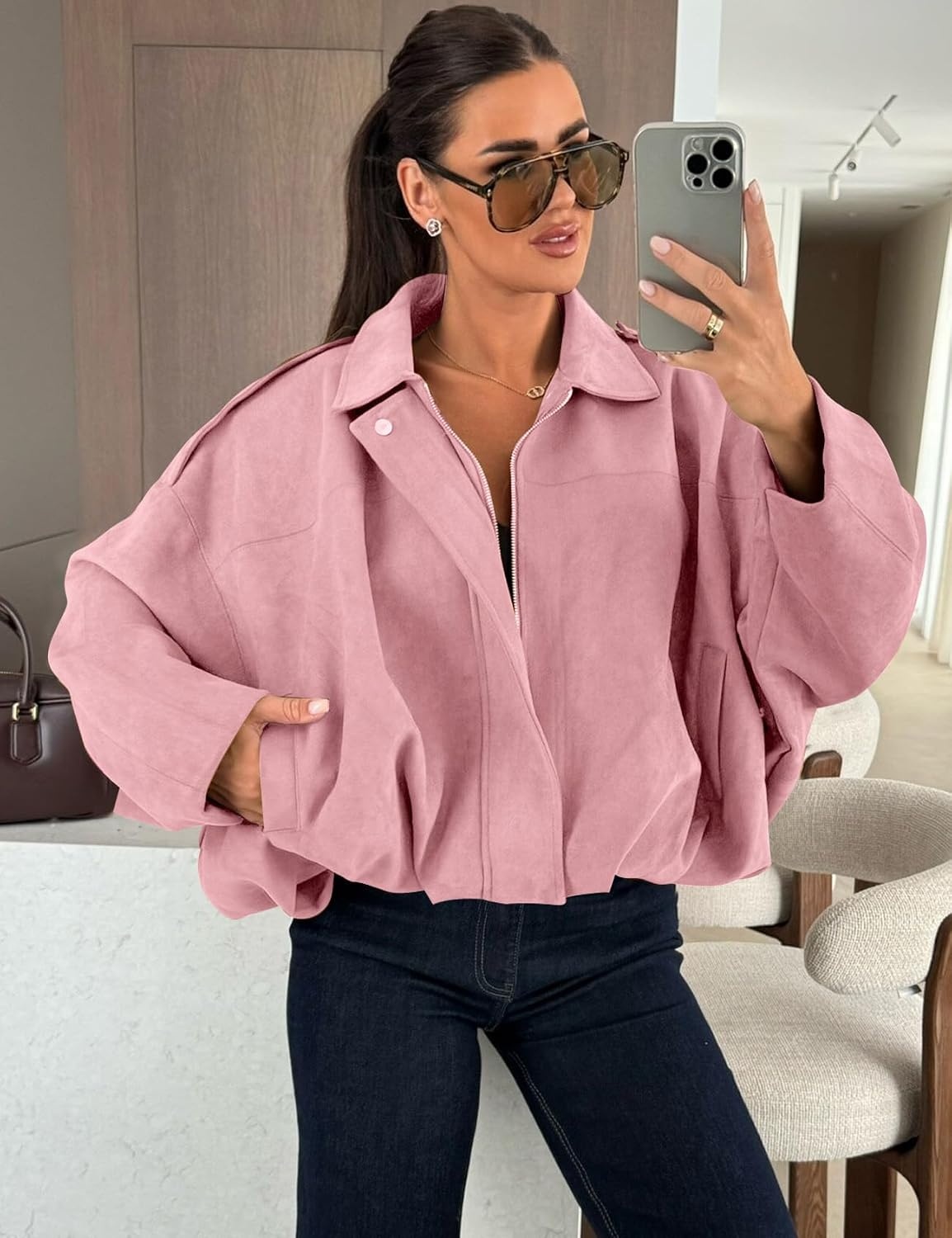 image:imageKissonic Womens Faux Suede Bomber Jacket Oversized Long Sleeve Cropped CoatPink