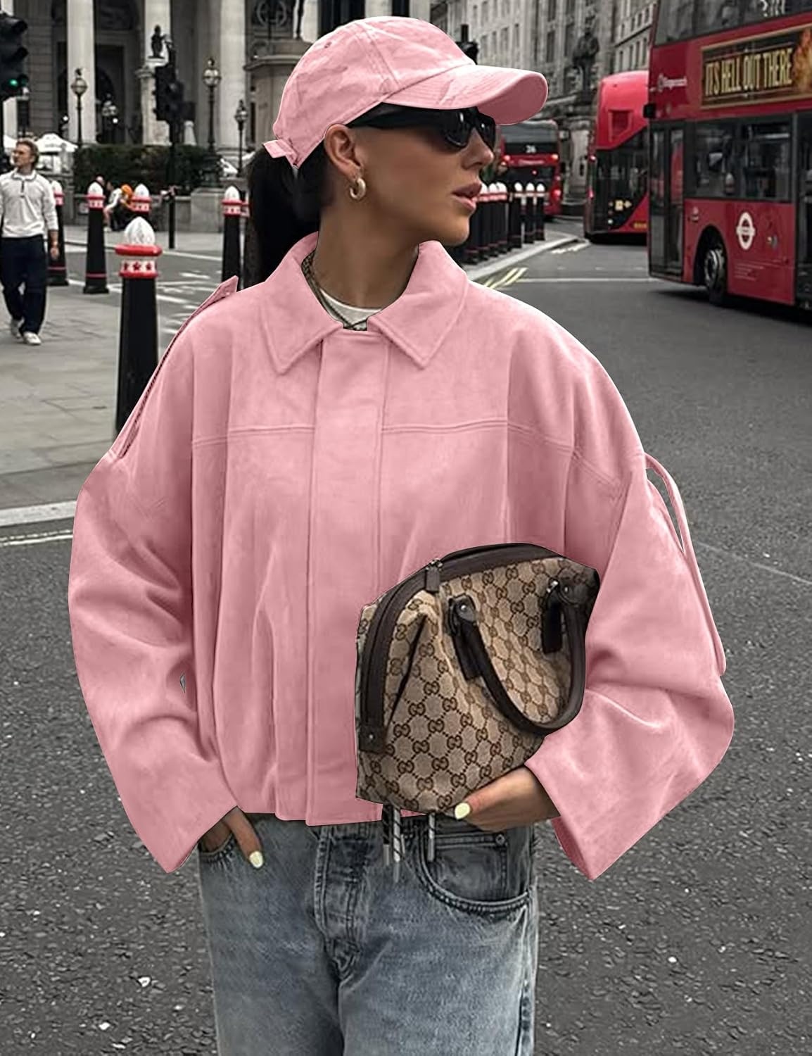 image:imageKissonic Womens Faux Suede Bomber Jacket Oversized Long Sleeve Cropped CoatPink
