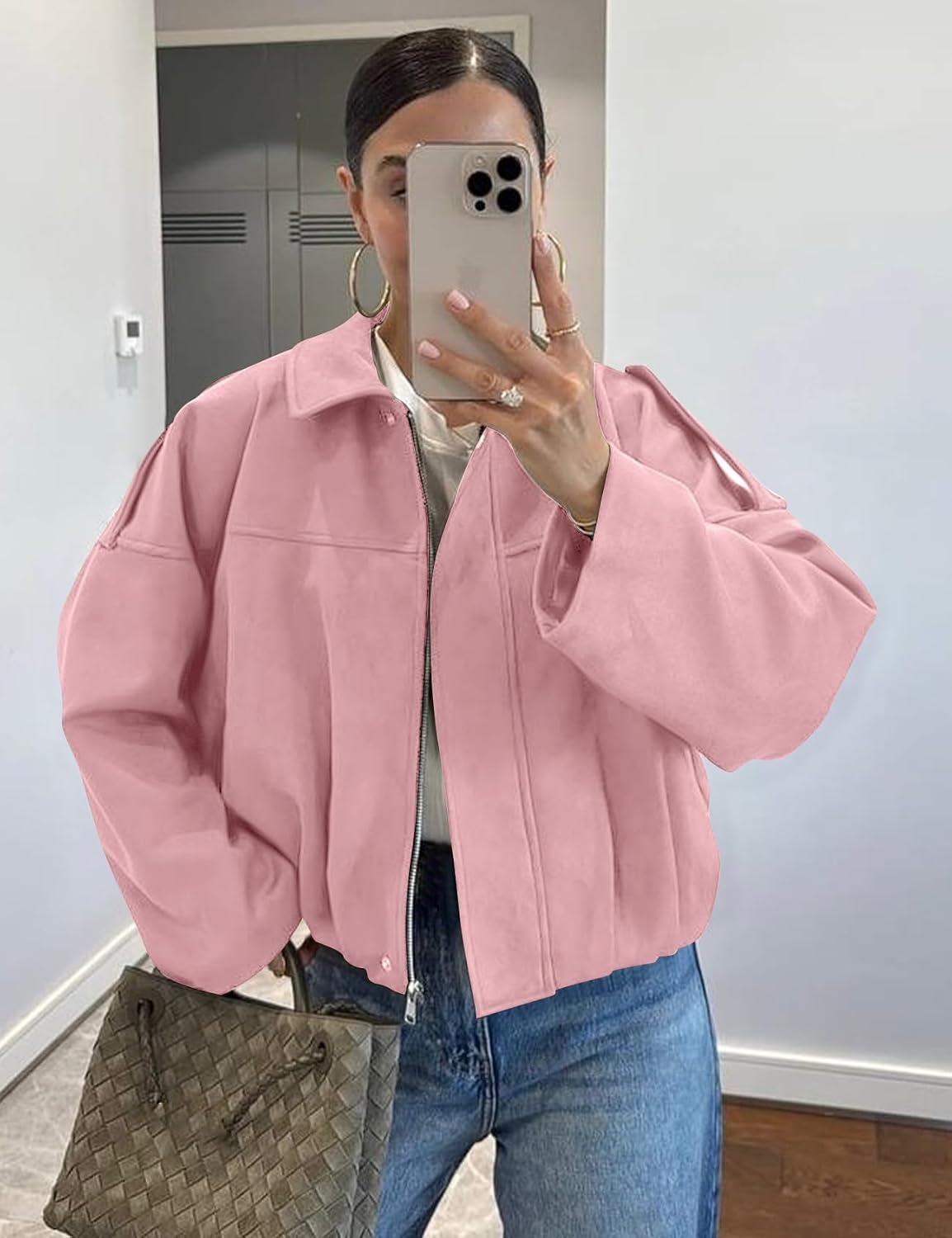 image:imageKissonic Womens Faux Suede Bomber Jacket Oversized Long Sleeve Cropped CoatPink