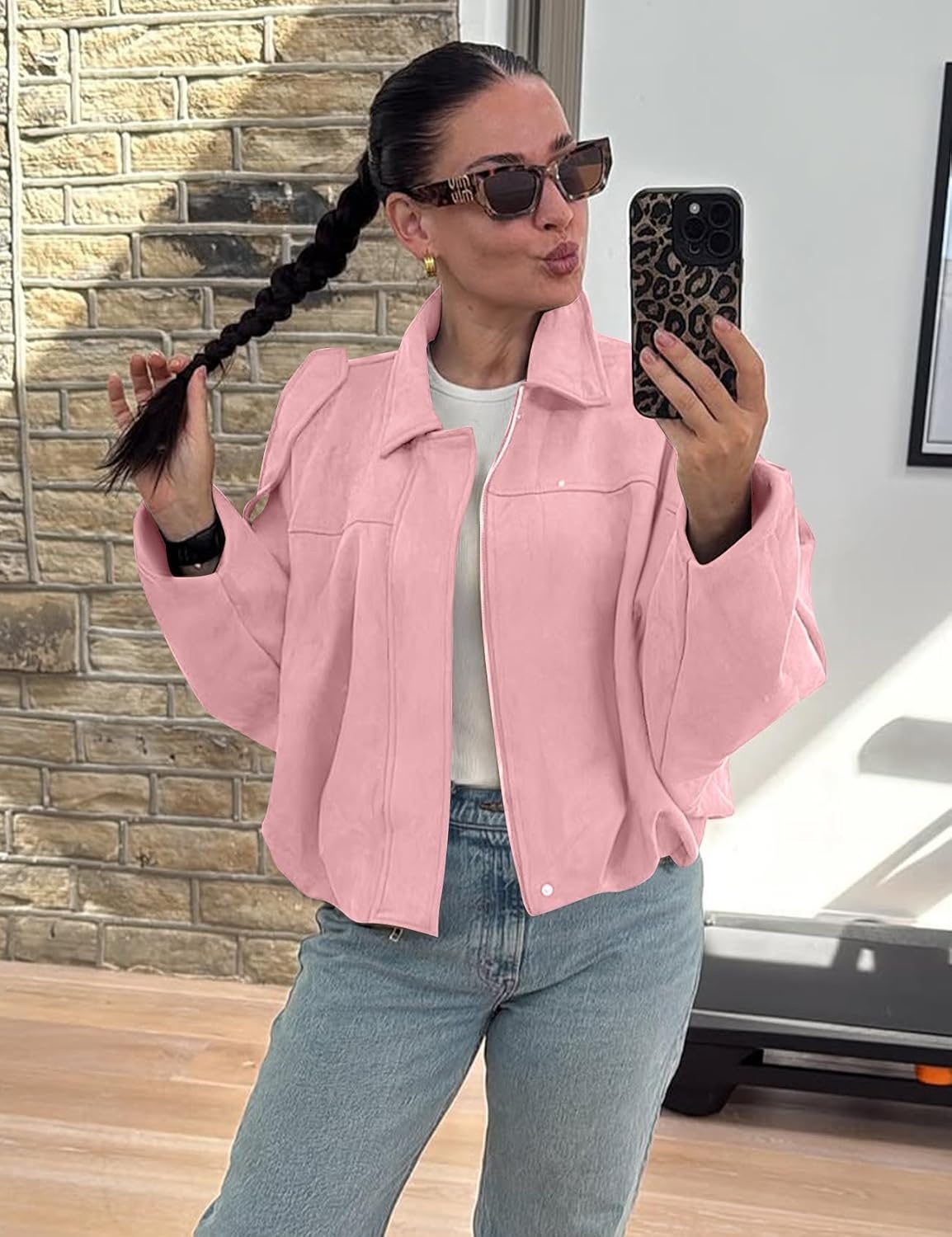 image:imageKissonic Womens Faux Suede Bomber Jacket Oversized Long Sleeve Cropped CoatPink