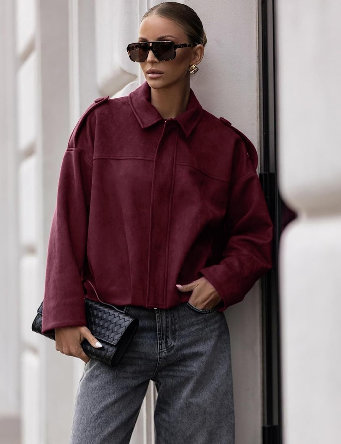 image:imageKissonic Womens Faux Suede Bomber Jacket Oversized Long Sleeve Cropped CoatWine Red