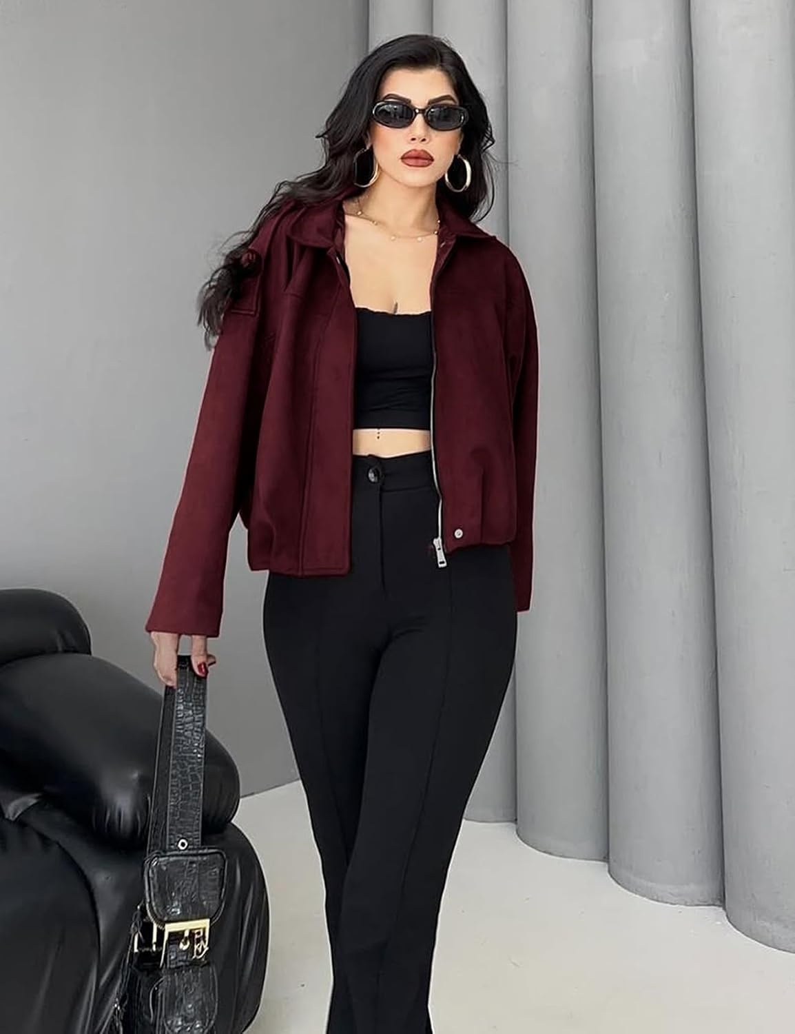 image:imageKissonic Womens Faux Suede Bomber Jacket Oversized Long Sleeve Cropped CoatWine Red
