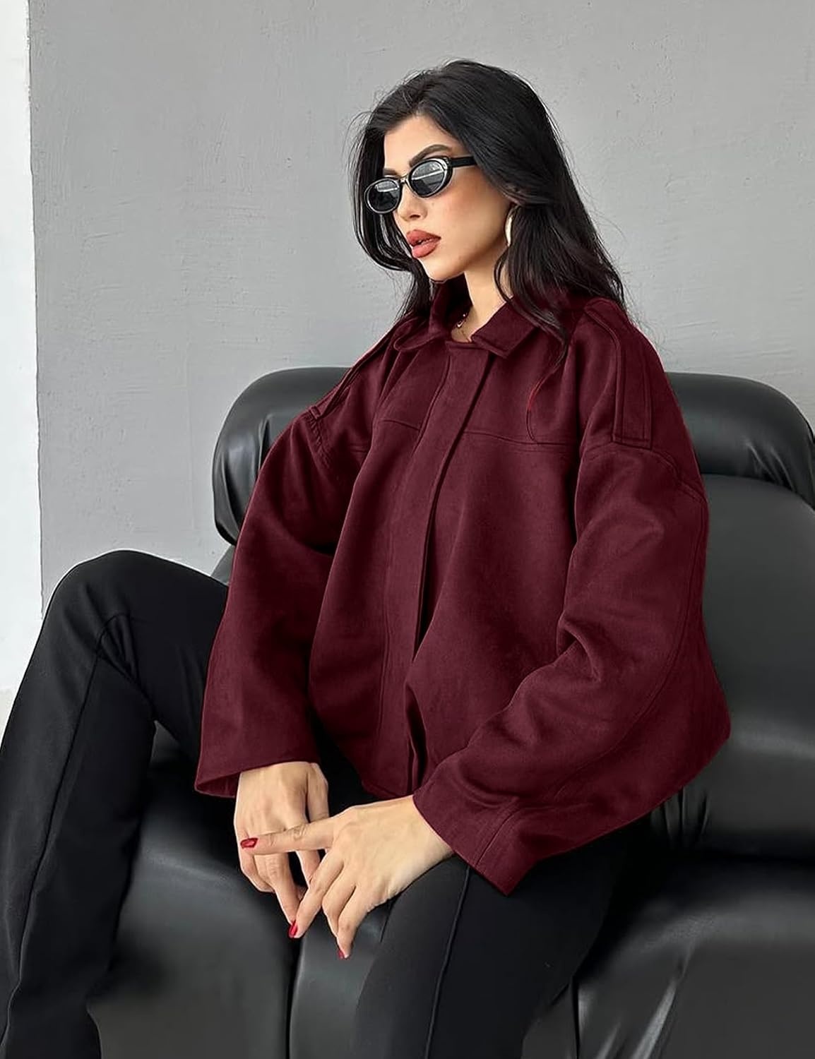 image:imageKissonic Womens Faux Suede Bomber Jacket Oversized Long Sleeve Cropped CoatWine Red