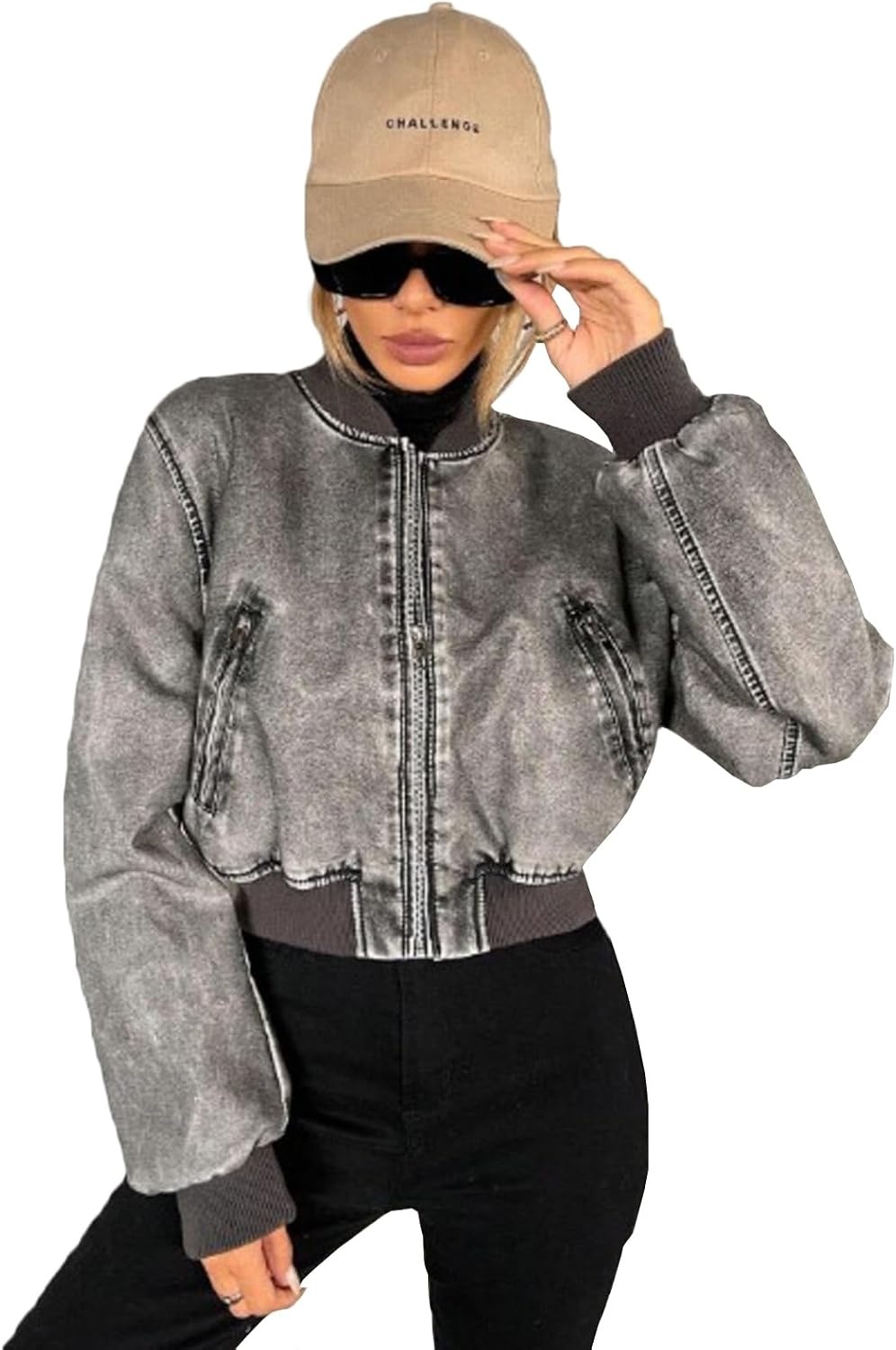 image:imageLY VAREY LIN Womens Faux Leather Varsity Jacket Biker Baseball Streetwear Casual Coat2374grey