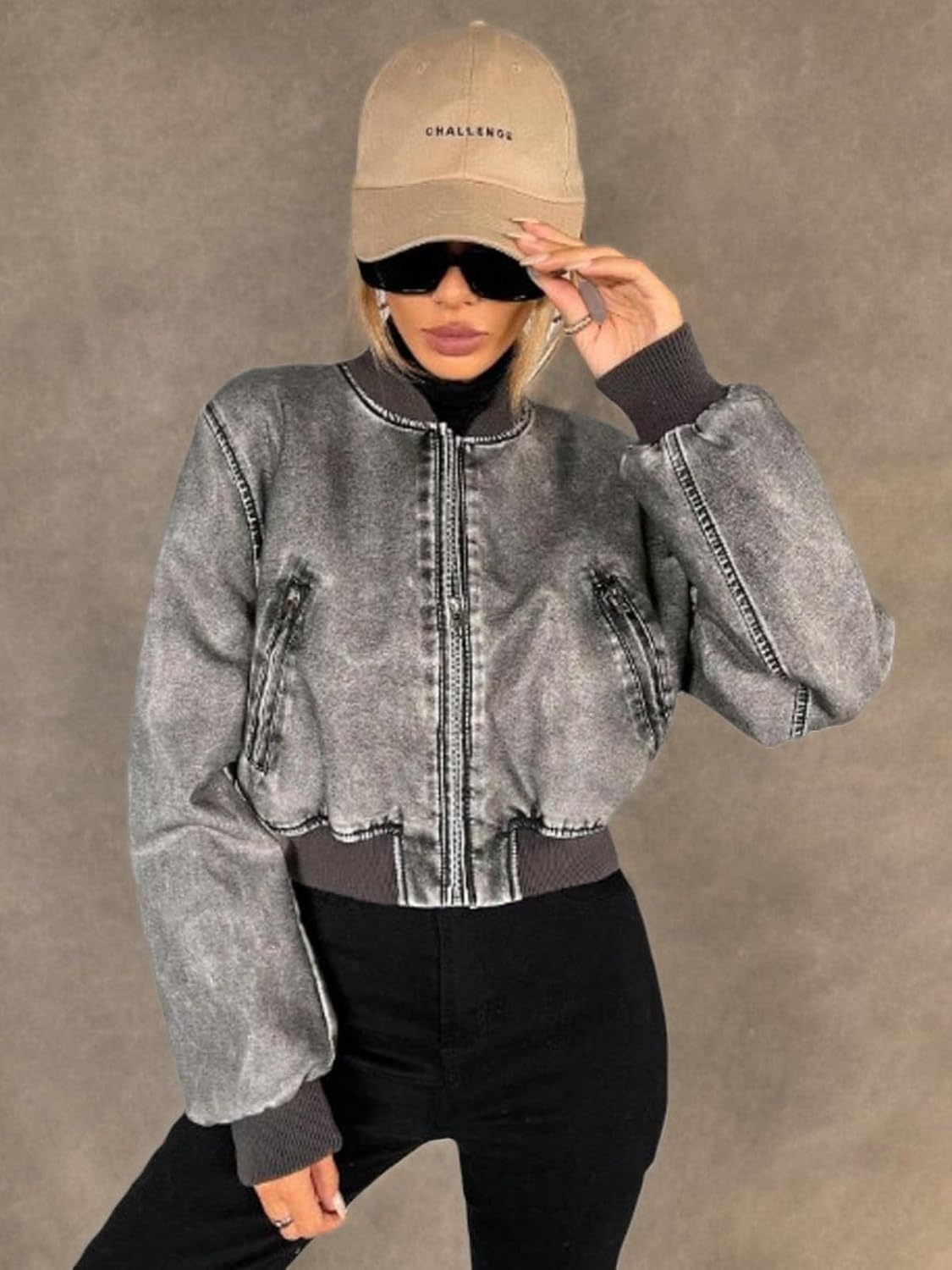image:imageLY VAREY LIN Womens Faux Leather Varsity Jacket Biker Baseball Streetwear Casual Coat2374grey