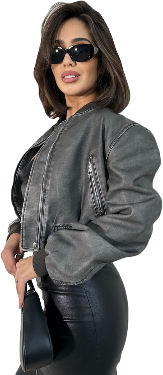 image:imageLY VAREY LIN Womens Faux Leather Varsity Jacket Biker Baseball Streetwear Casual Coat2374grey