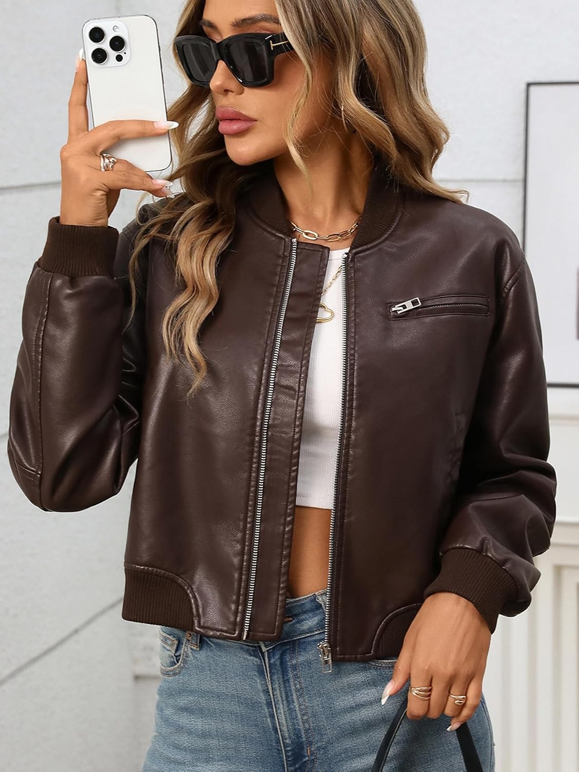 image:imageLY VAREY LIN Womens Faux Leather Varsity Jacket Biker Baseball Streetwear Casual CoatChocolate